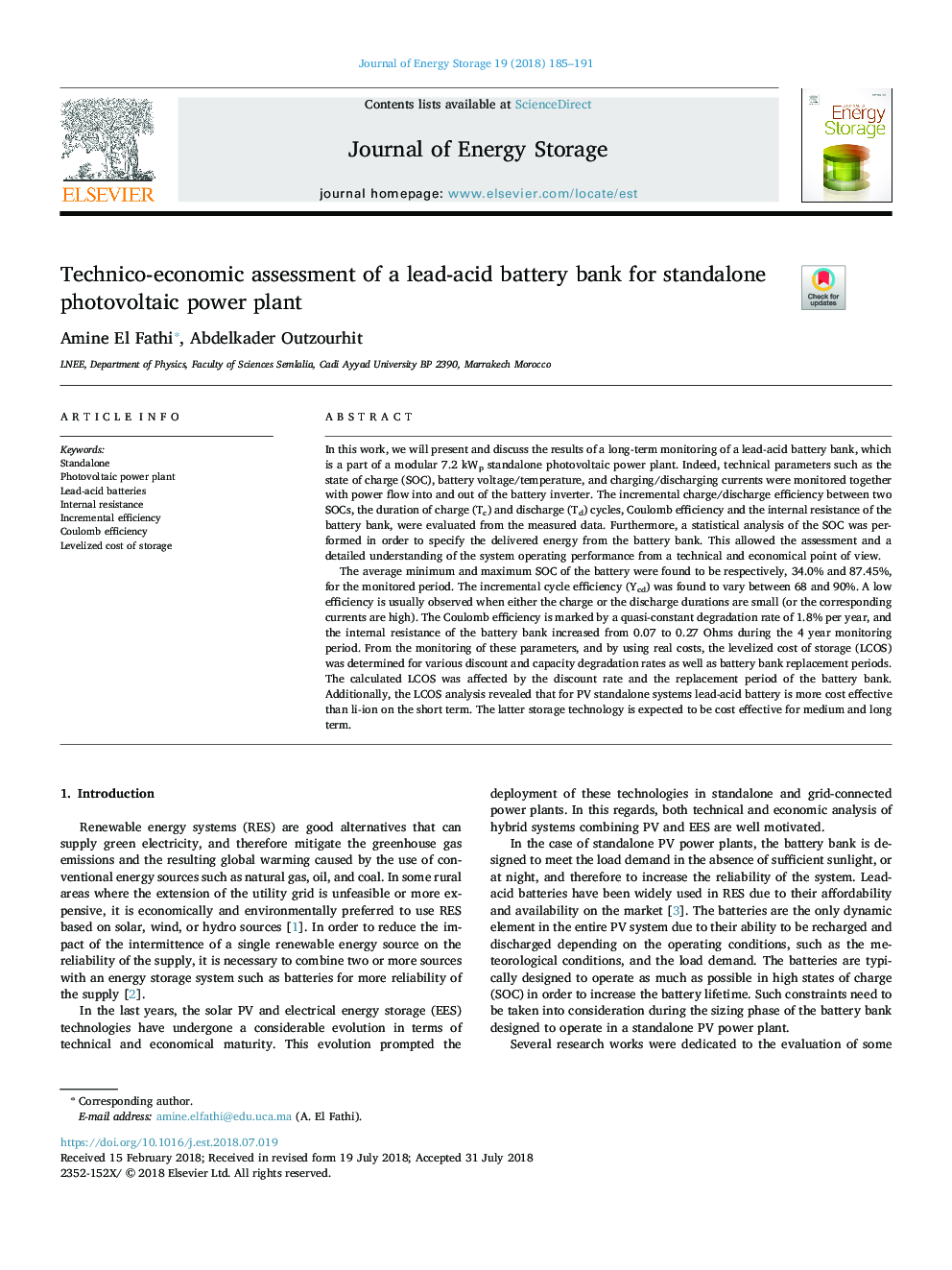 Technico-economic assessment of a lead-acid battery bank for standalone photovoltaic power plant