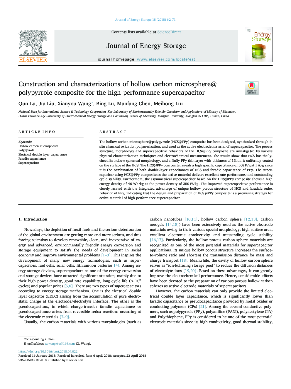 Construction and characterizations of hollow carbon microsphere@polypyrrole composite for the high performance supercapacitor