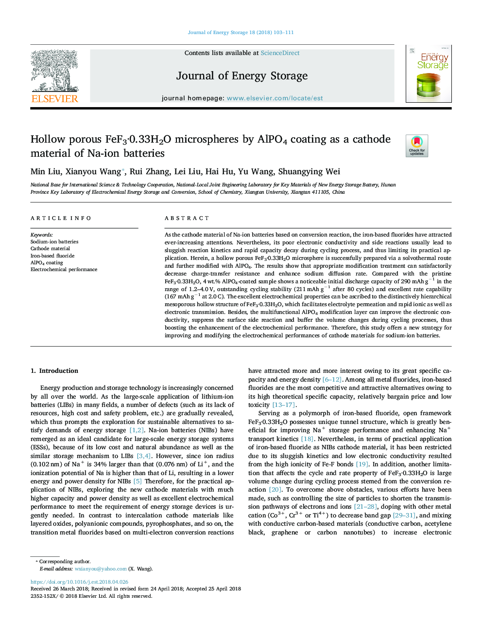 Hollow porous FeF3Â·0.33H2O microspheres by AlPO4 coating as a cathode material of Na-ion batteries