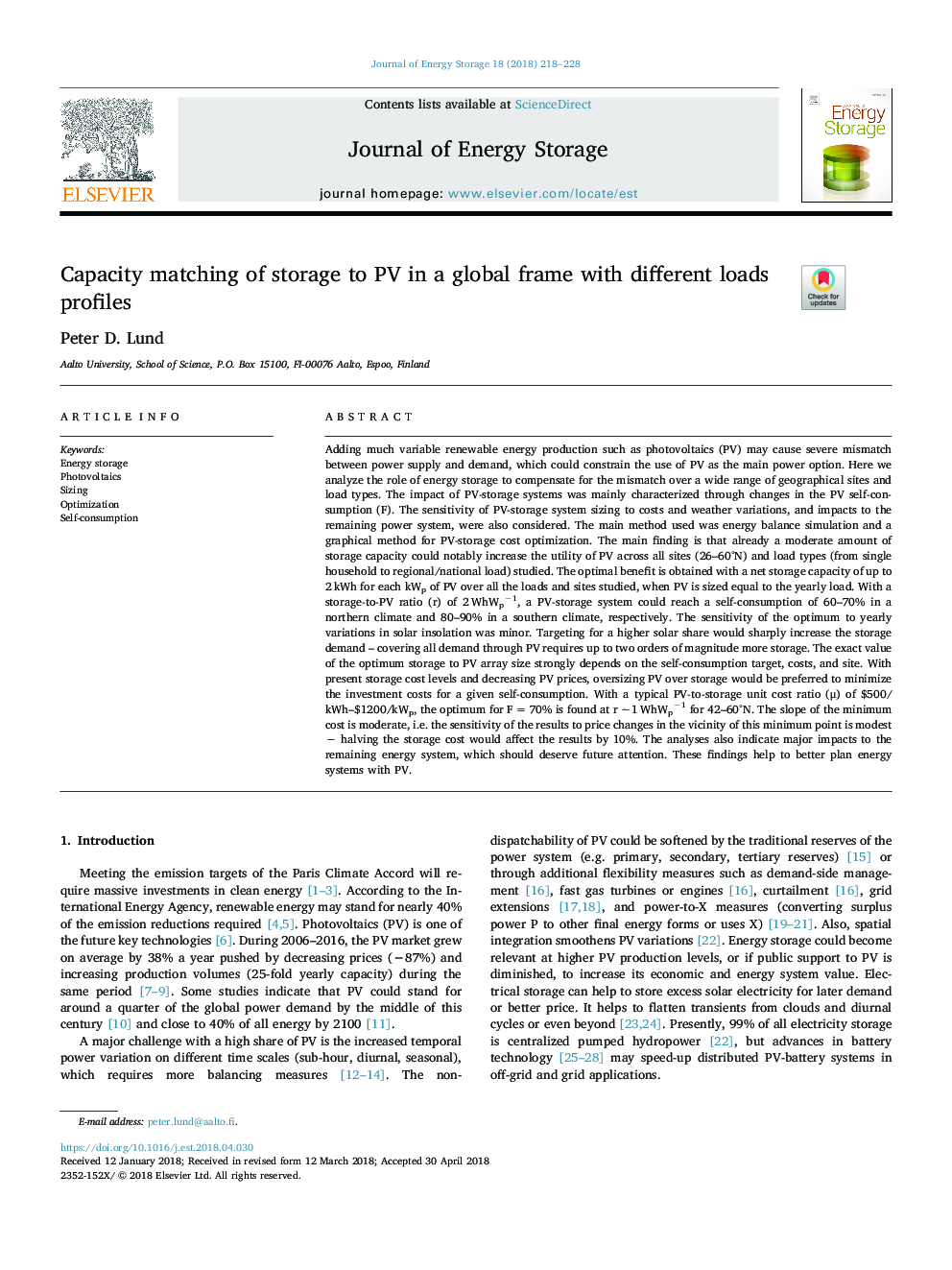 Capacity matching of storage to PV in a global frame with different loads profiles