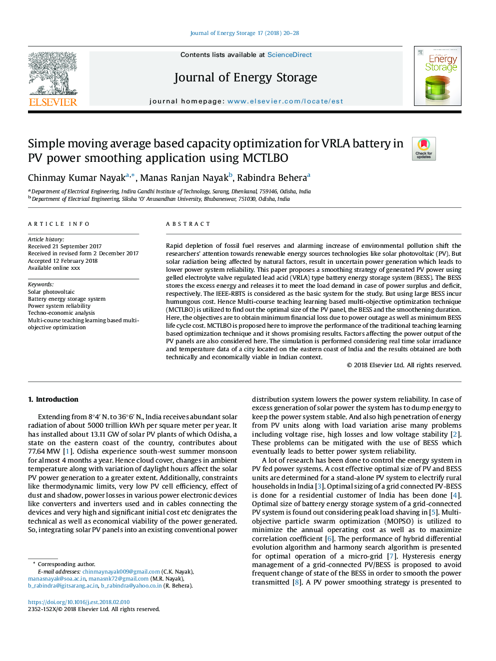 Simple moving average based capacity optimization for VRLA battery in PV power smoothing application using MCTLBO