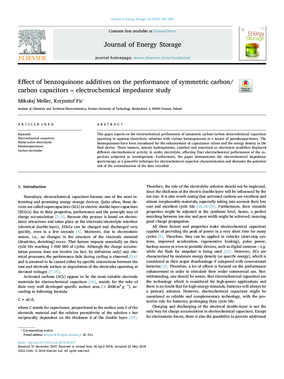 Effect of benzoquinone additives on the performance of symmetric carbon/carbon capacitors - electrochemical impedance study