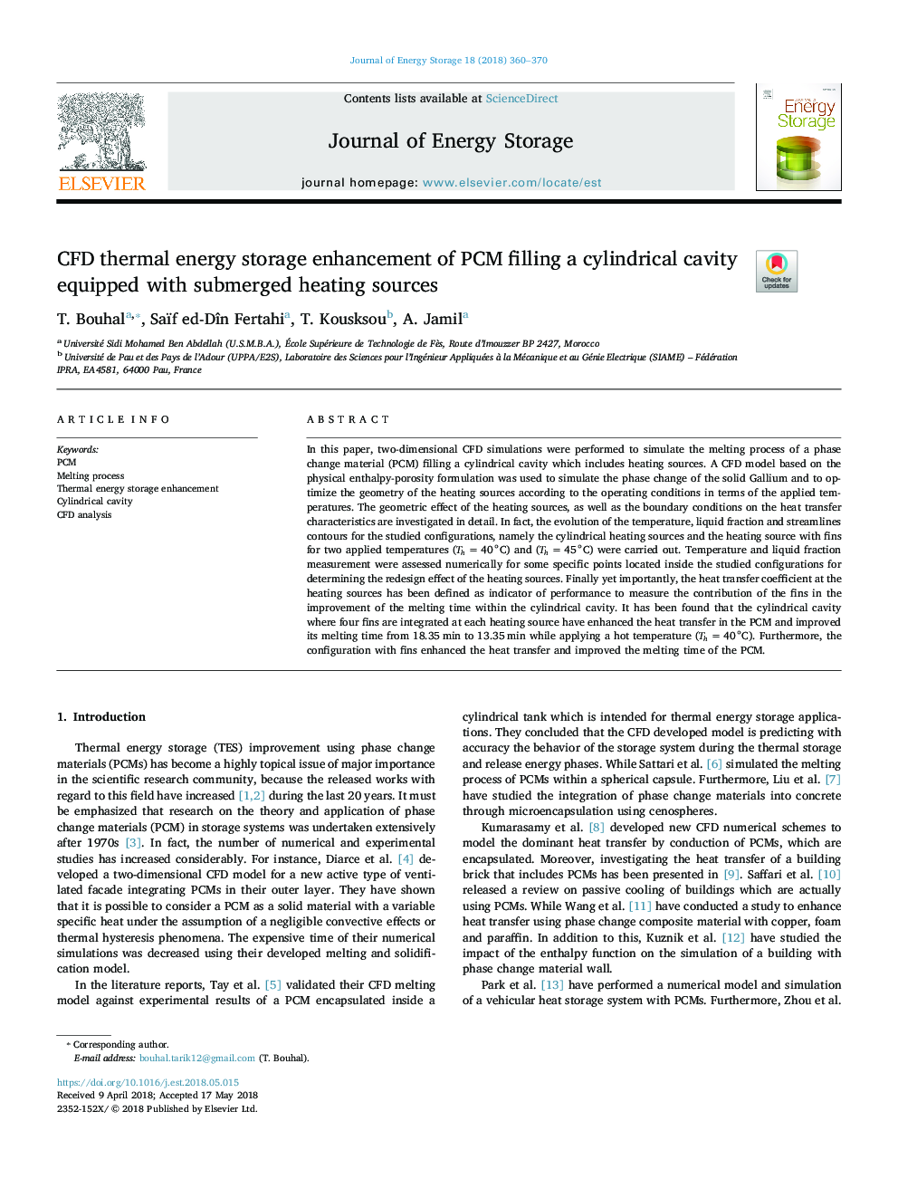 CFD thermal energy storage enhancement of PCM filling a cylindrical cavity equipped with submerged heating sources