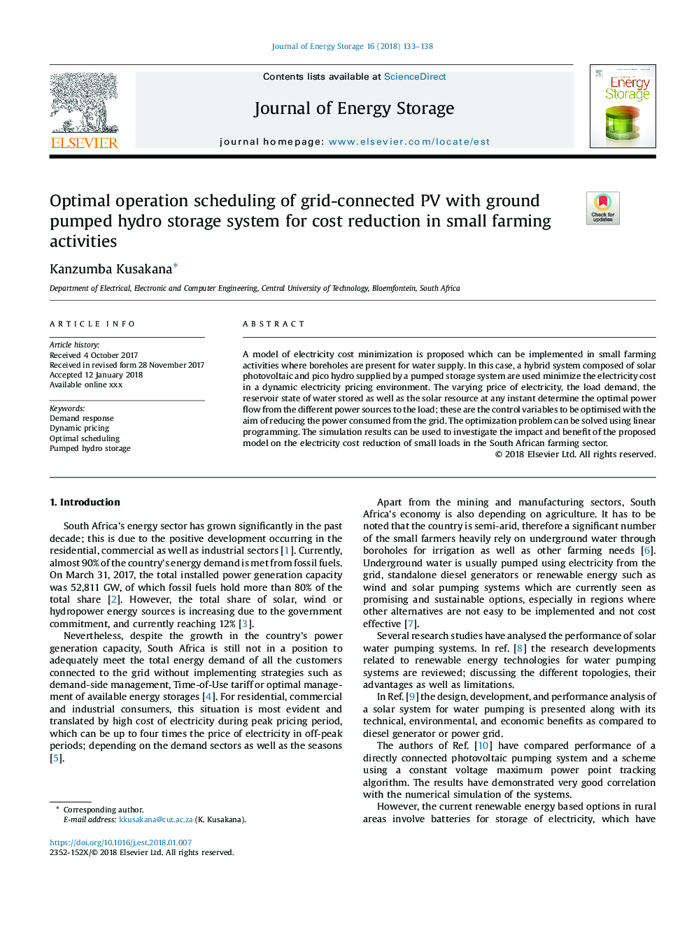 Optimal operation scheduling of grid-connected PV with ground pumped hydro storage system for cost reduction in small farming activities