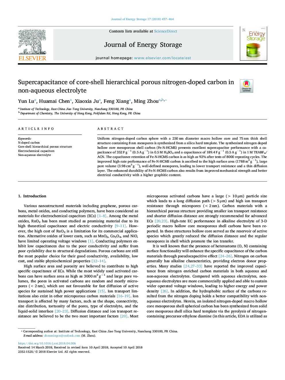 Supercapacitance of core-shell hierarchical porous nitrogen-doped carbon in non-aqueous electrolyte