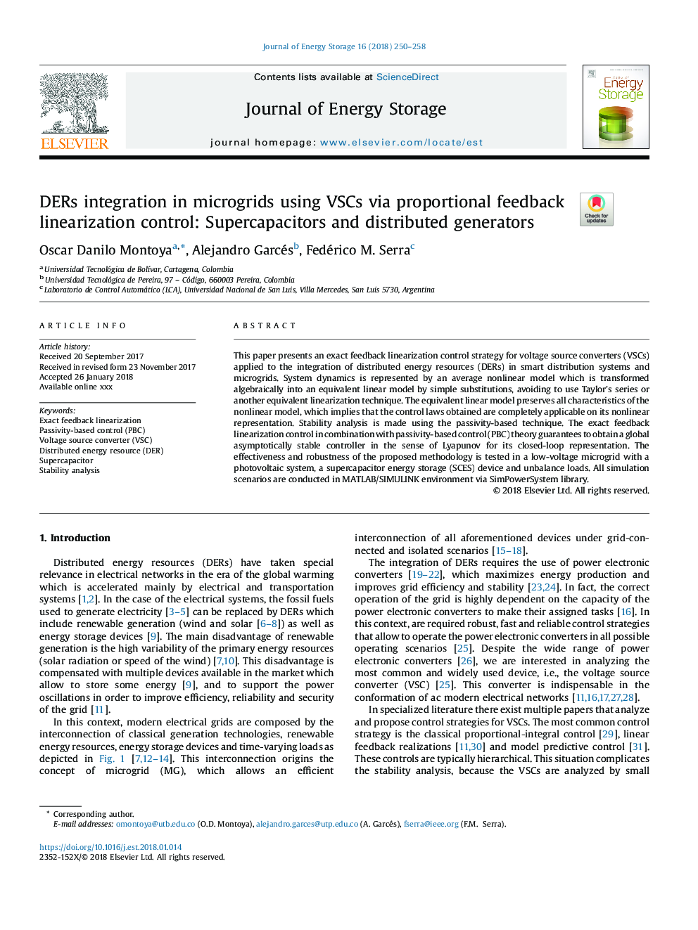 DERs integration in microgrids using VSCs via proportional feedback linearization control: Supercapacitors and distributed generators