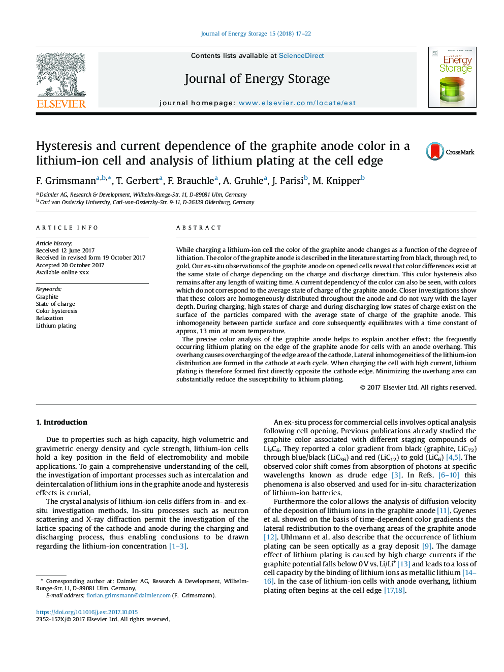 Hysteresis and current dependence of the graphite anode color in a lithium-ion cell and analysis of lithium plating at the cell edge