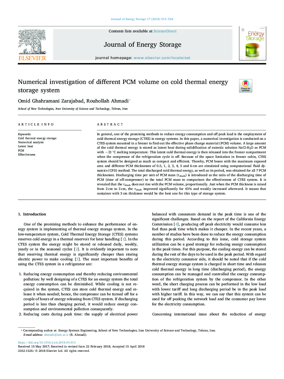 Numerical investigation of different PCM volume on cold thermal energy storage system