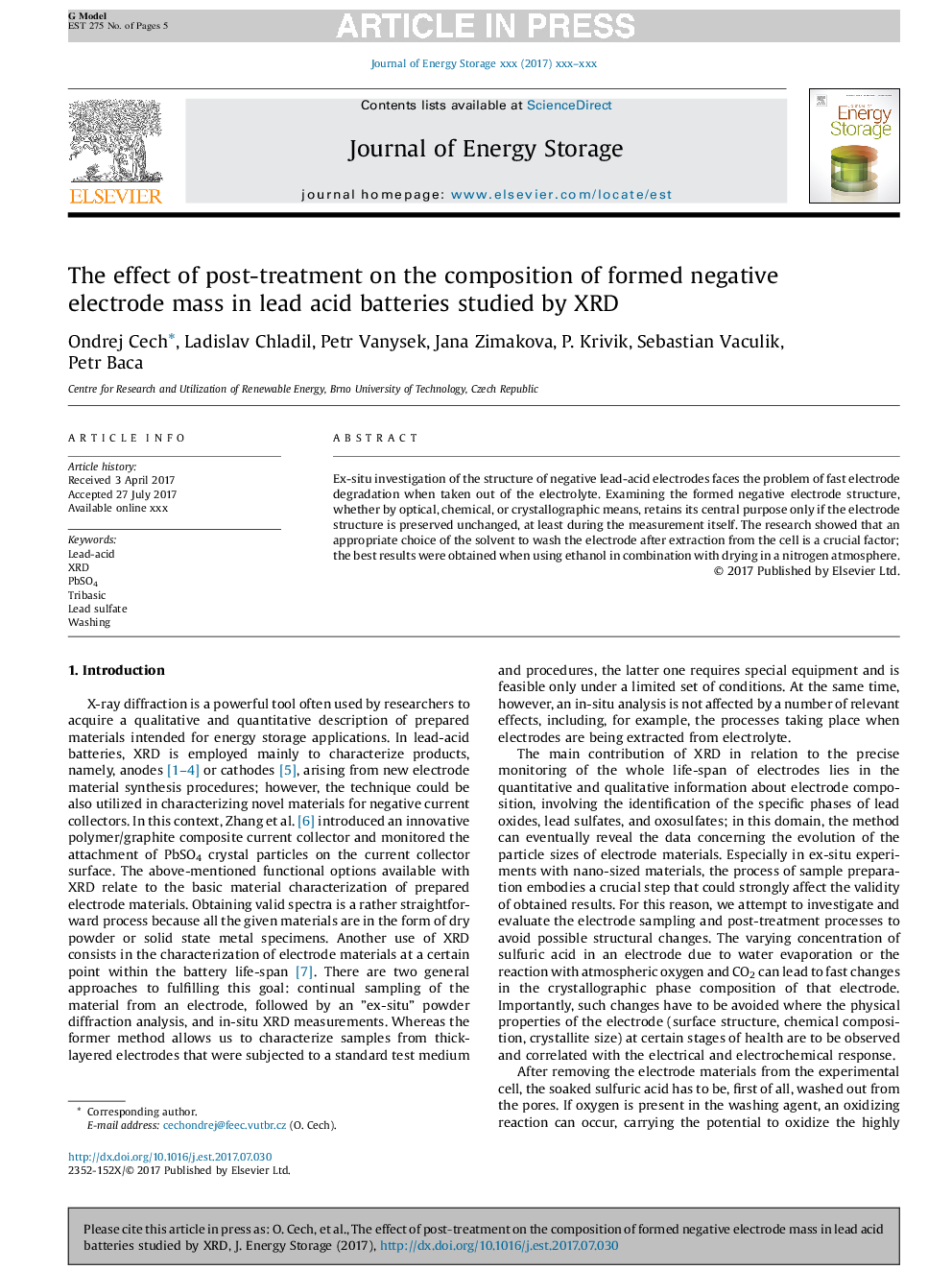 The effect of post-treatment on the composition of formed negative electrode mass in lead acid batteries studied by XRD