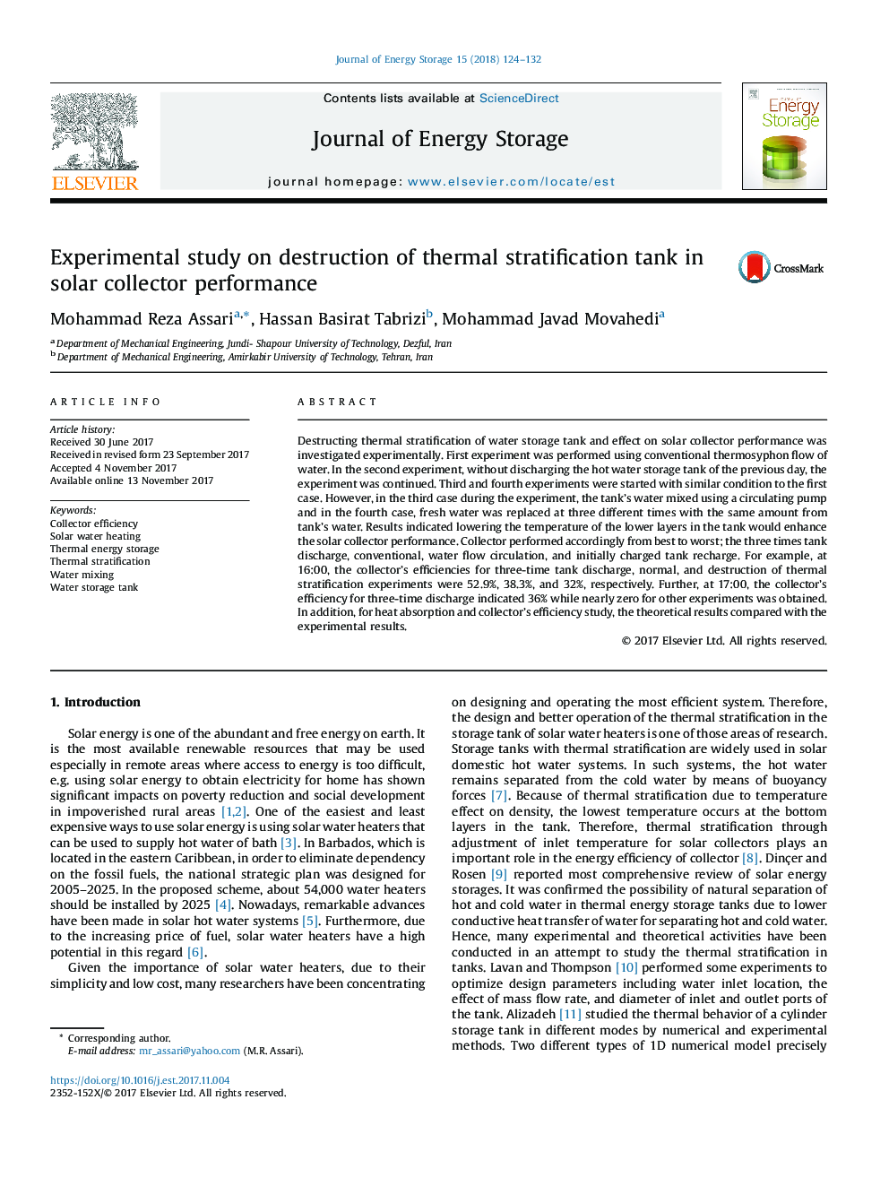 Experimental study on destruction of thermal stratification tank in solar collector performance