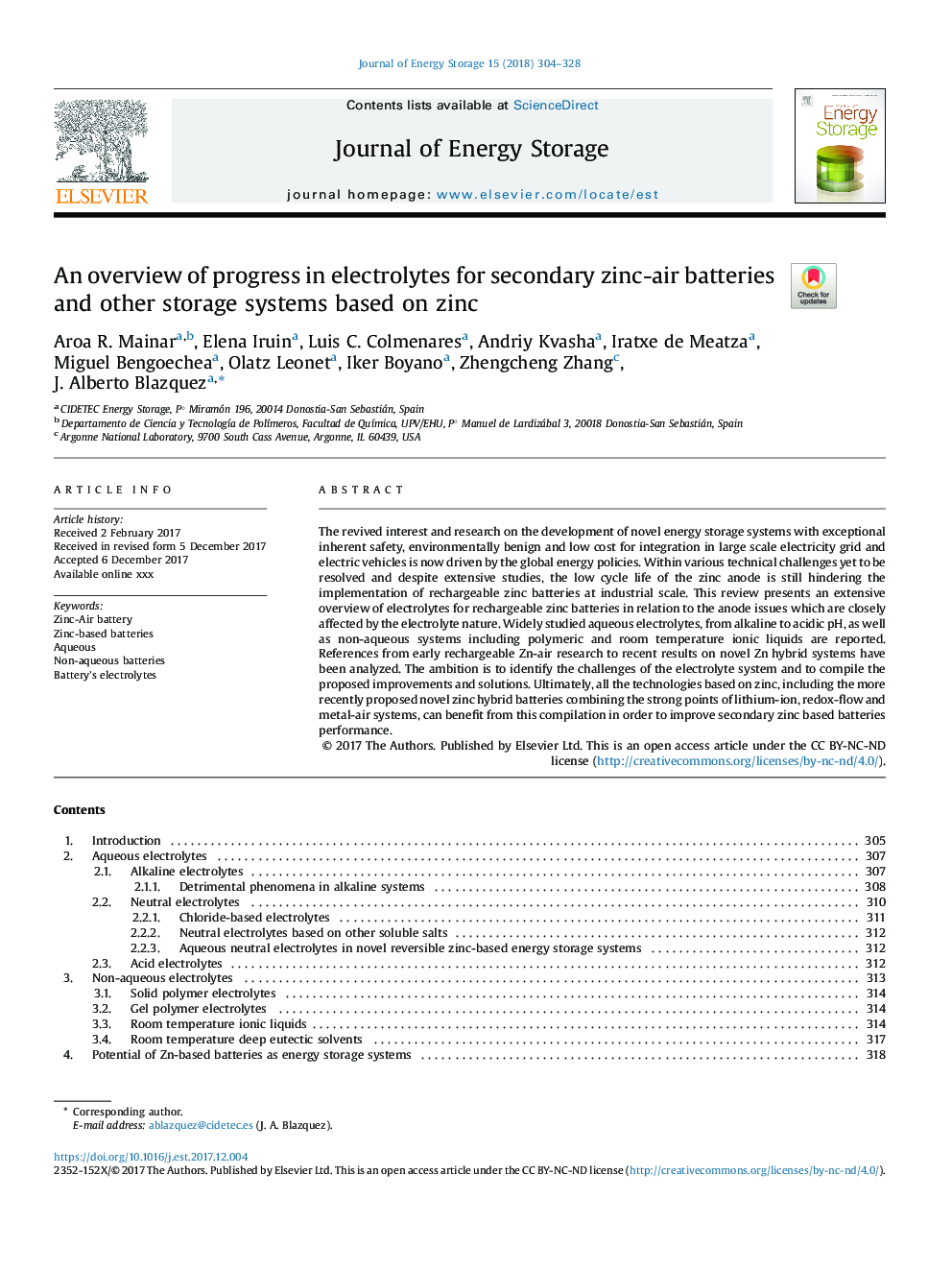 An overview of progress in electrolytes for secondary zinc-air batteries and other storage systems based on zinc