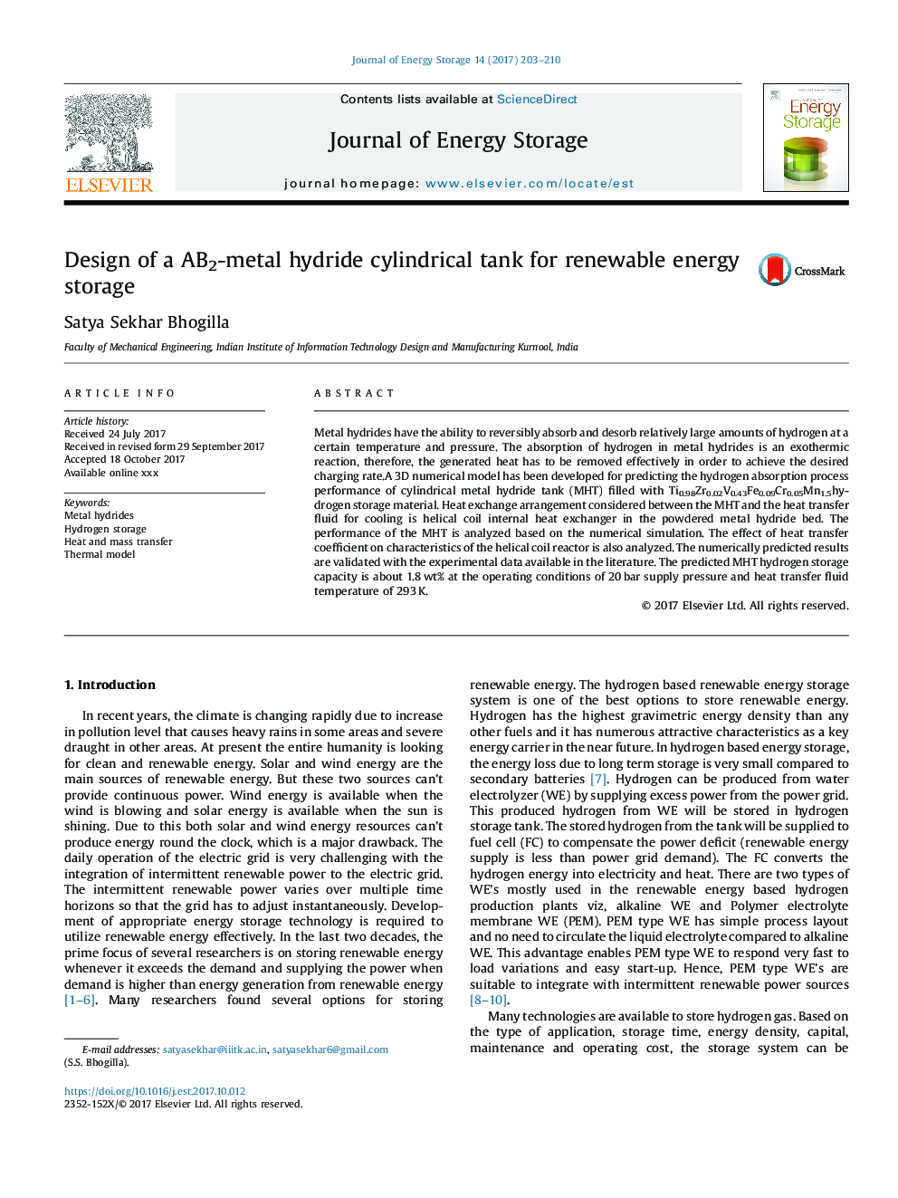 Design of a AB2-metal hydride cylindrical tank for renewable energy storage