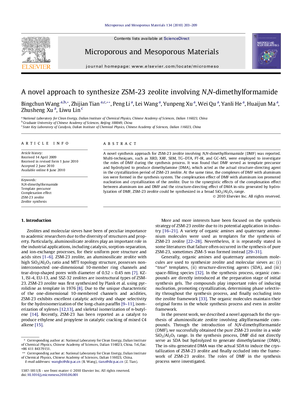 A novel approach to synthesize ZSM-23 zeolite involving N,N-dimethylformamide