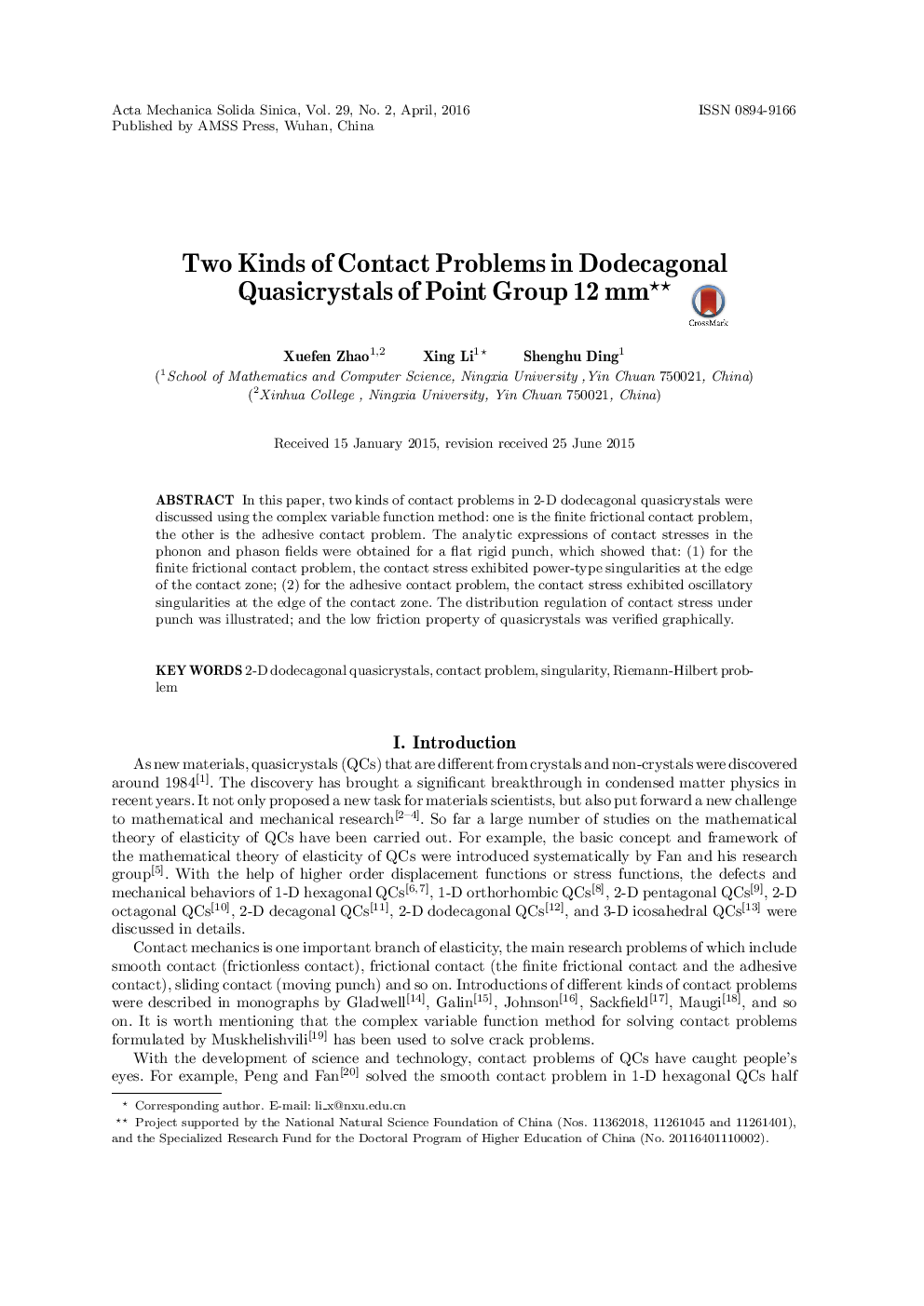 Two Kinds of Contact Problems in Dodecagonal Quasicrystals of Point Group 12 mm 