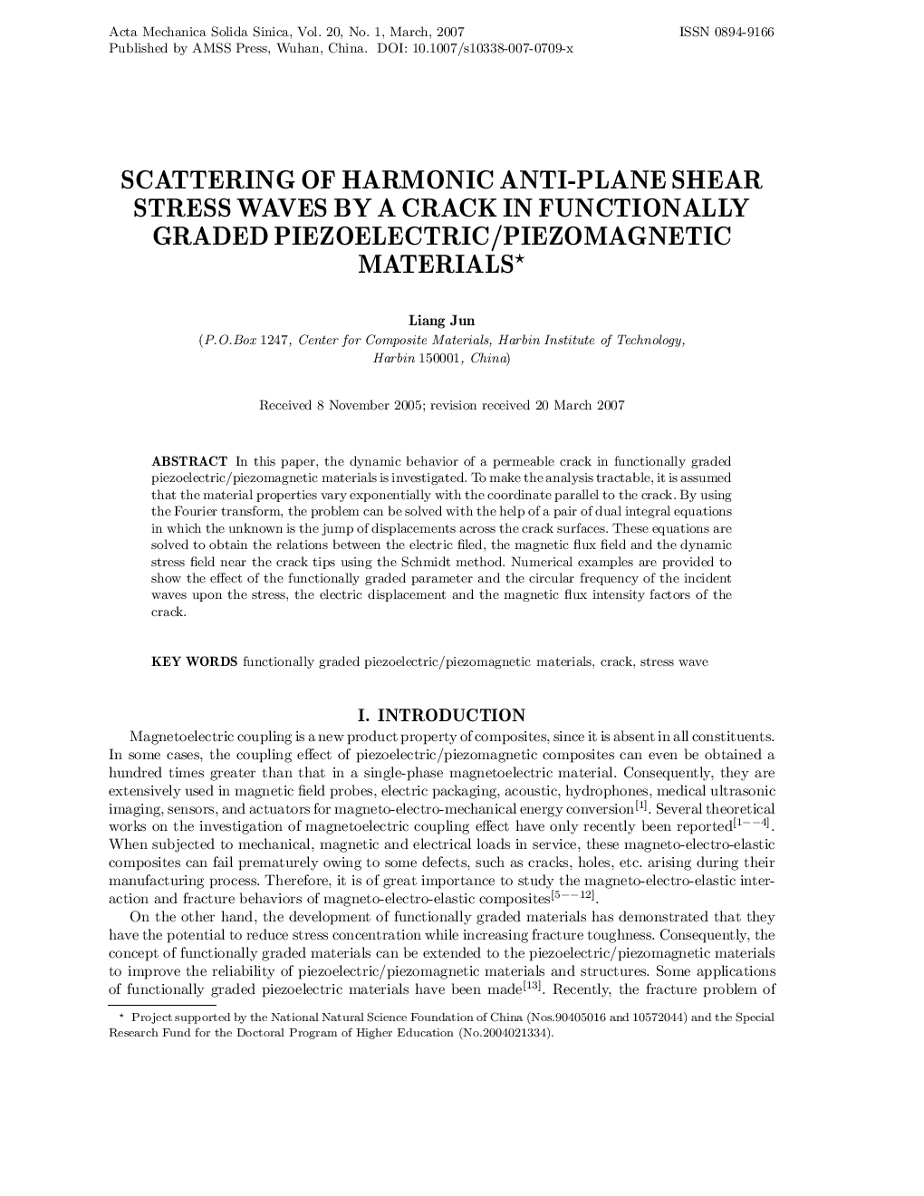 عکس صفحه اول مقاله: Scattering of harmonic anti-plane shear stress waves by a crack in functionally graded piezoelectric/piezomagnetic materials Scattering of harmonic anti-plane shear stress waves by a crack in functionally graded piezoelectric/piezomagnetic materials