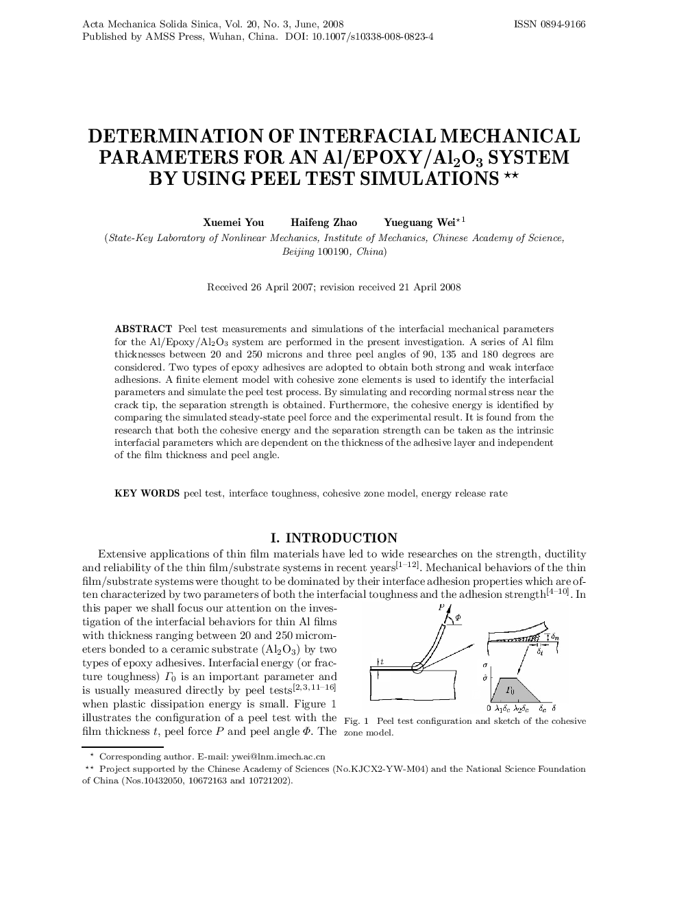 Determination of interfacial mechanical parameters for an Al/Epoxy/Al2o3 system by using peel test simulations 