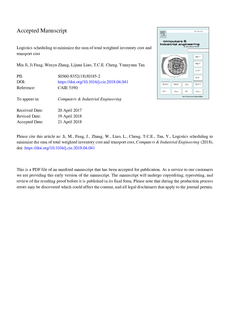 Logistics scheduling to minimize the sum of total weighted inventory cost and transport cost