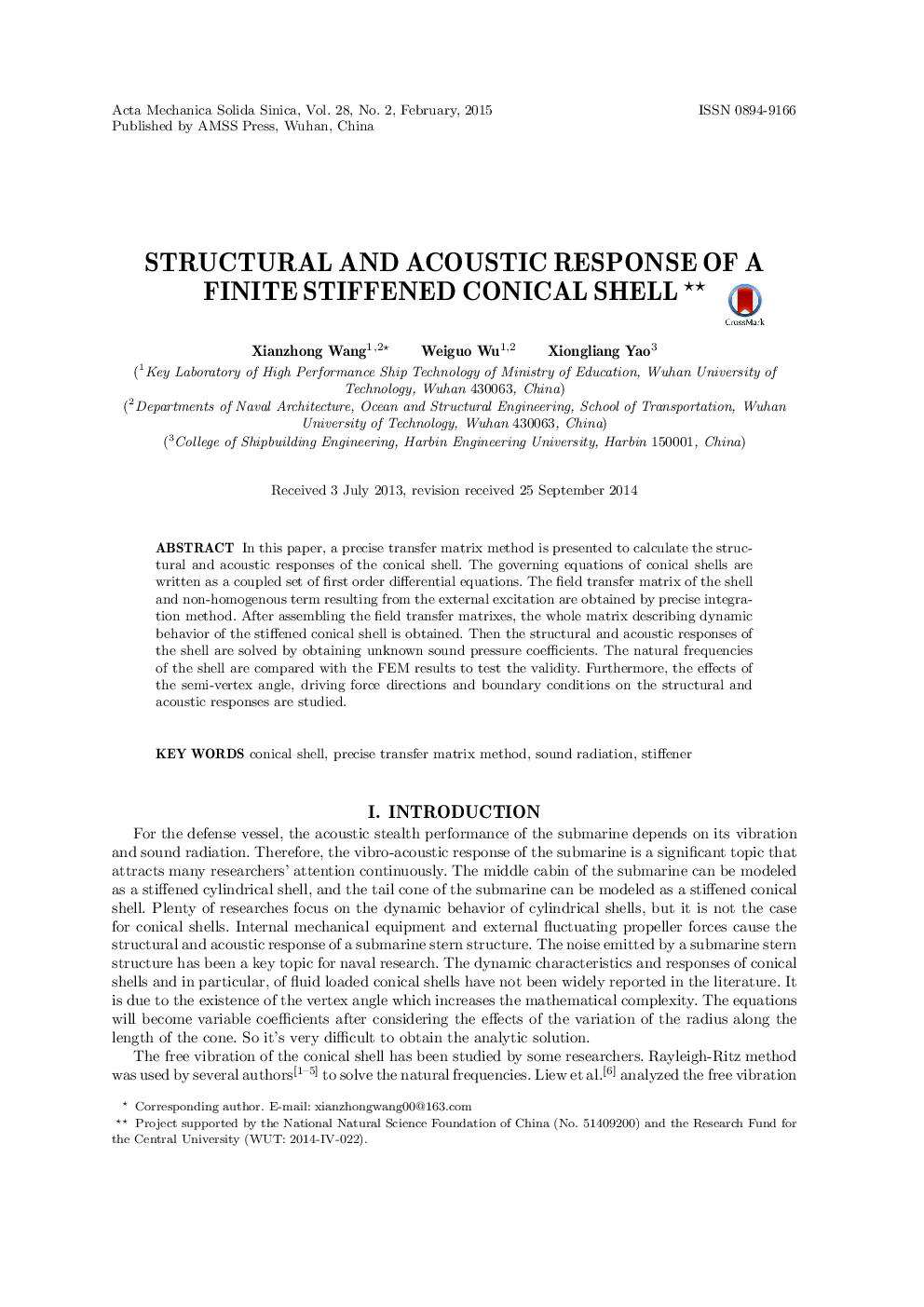 Structural and acoustic response of a finite stiffened conical shell 