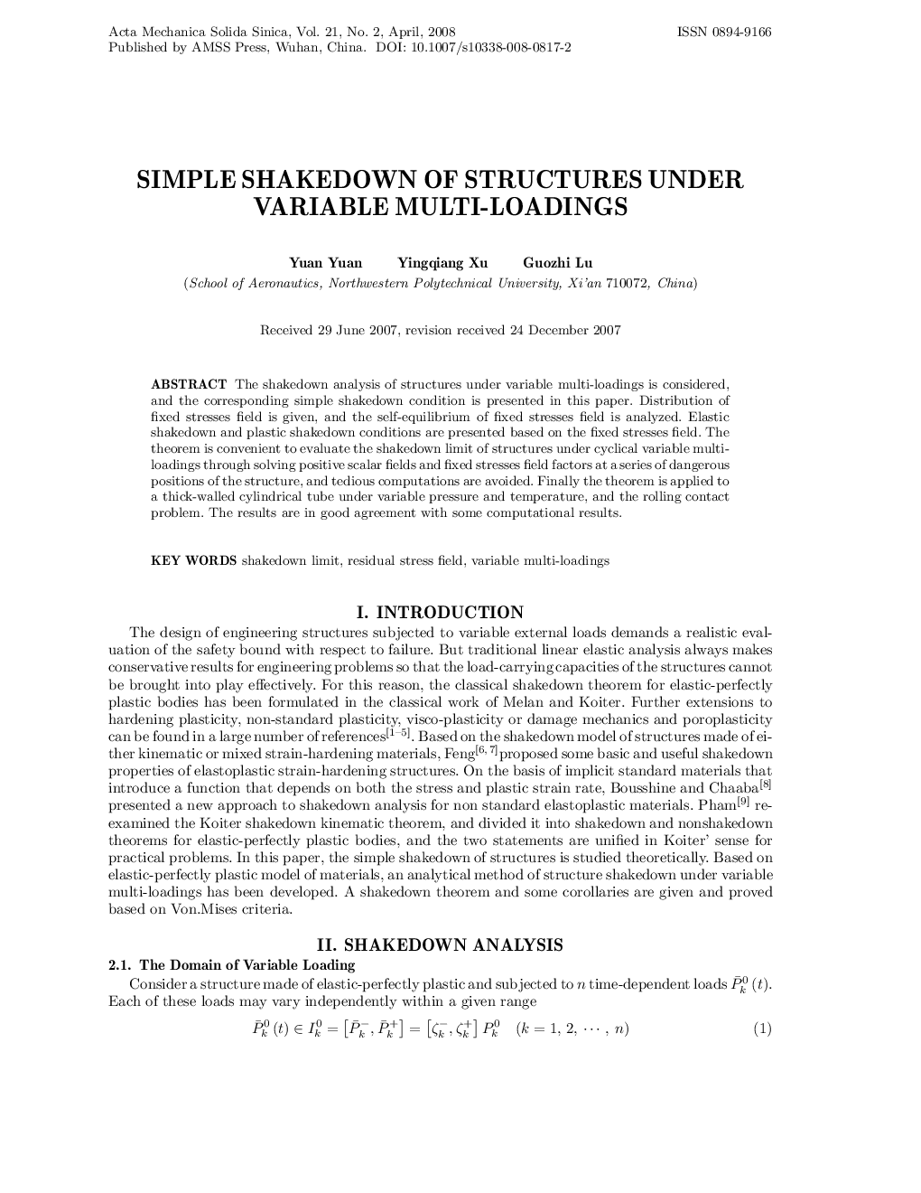 Simple shakedown of structures under variable multi-loadings
