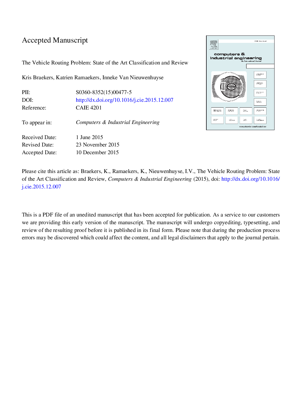 The vehicle routing problem: State of the art classification and review