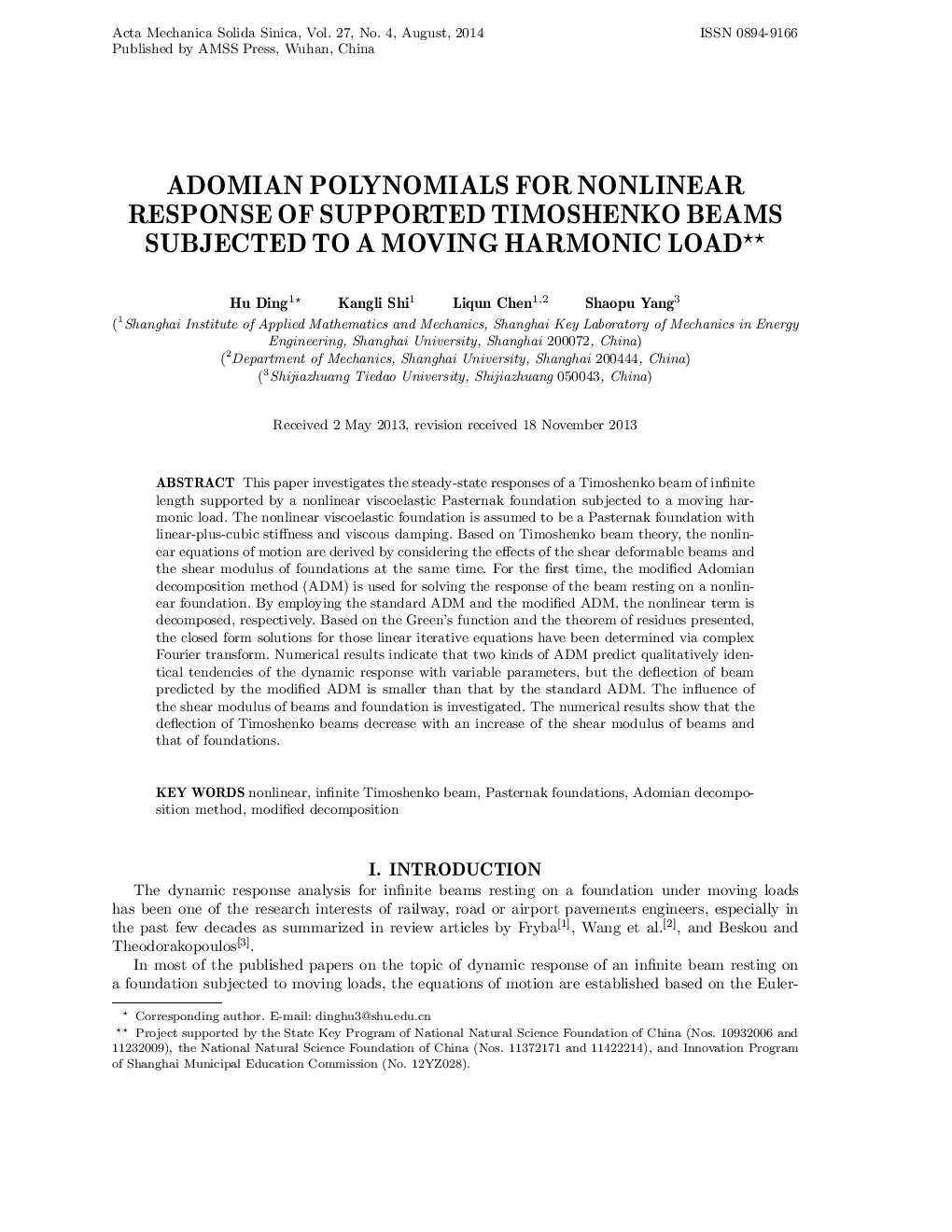 Adomian polynomials for nonlinear response of supported timoshenko beams subjected to a moving harmonic load 