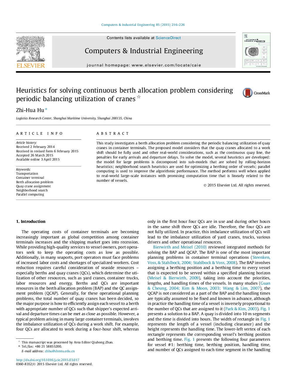 Heuristics for solving continuous berth allocation problem considering periodic balancing utilization of cranes