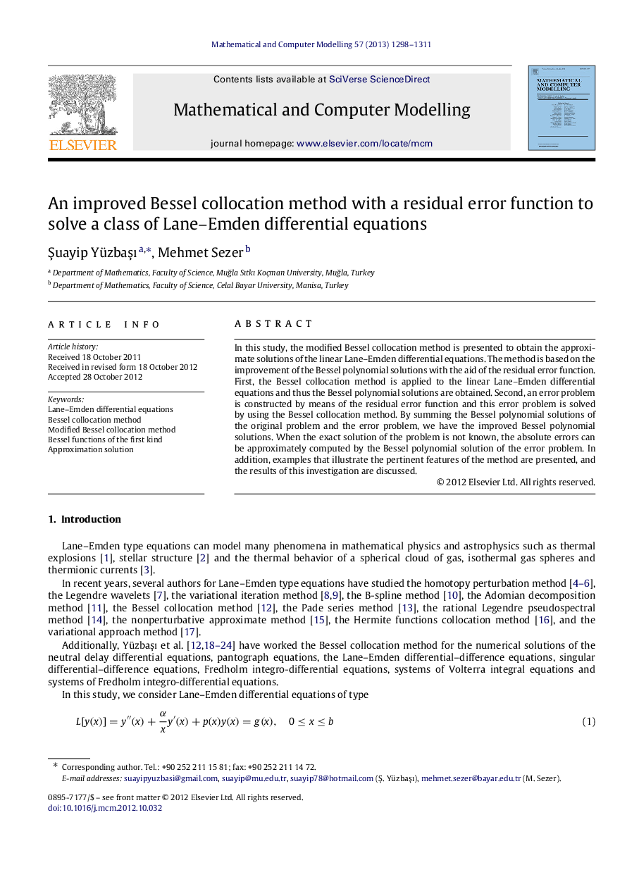 An improved Bessel collocation method with a residual error function to solve a class of Lane-Emden differential equations