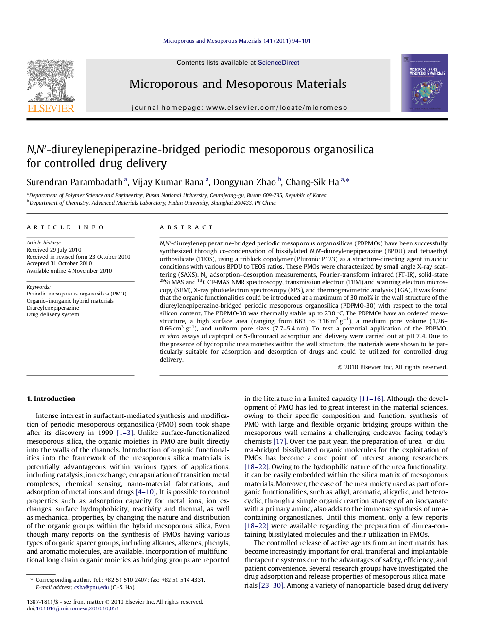 N,N′-diureylenepiperazine-bridged periodic mesoporous organosilica for controlled drug delivery