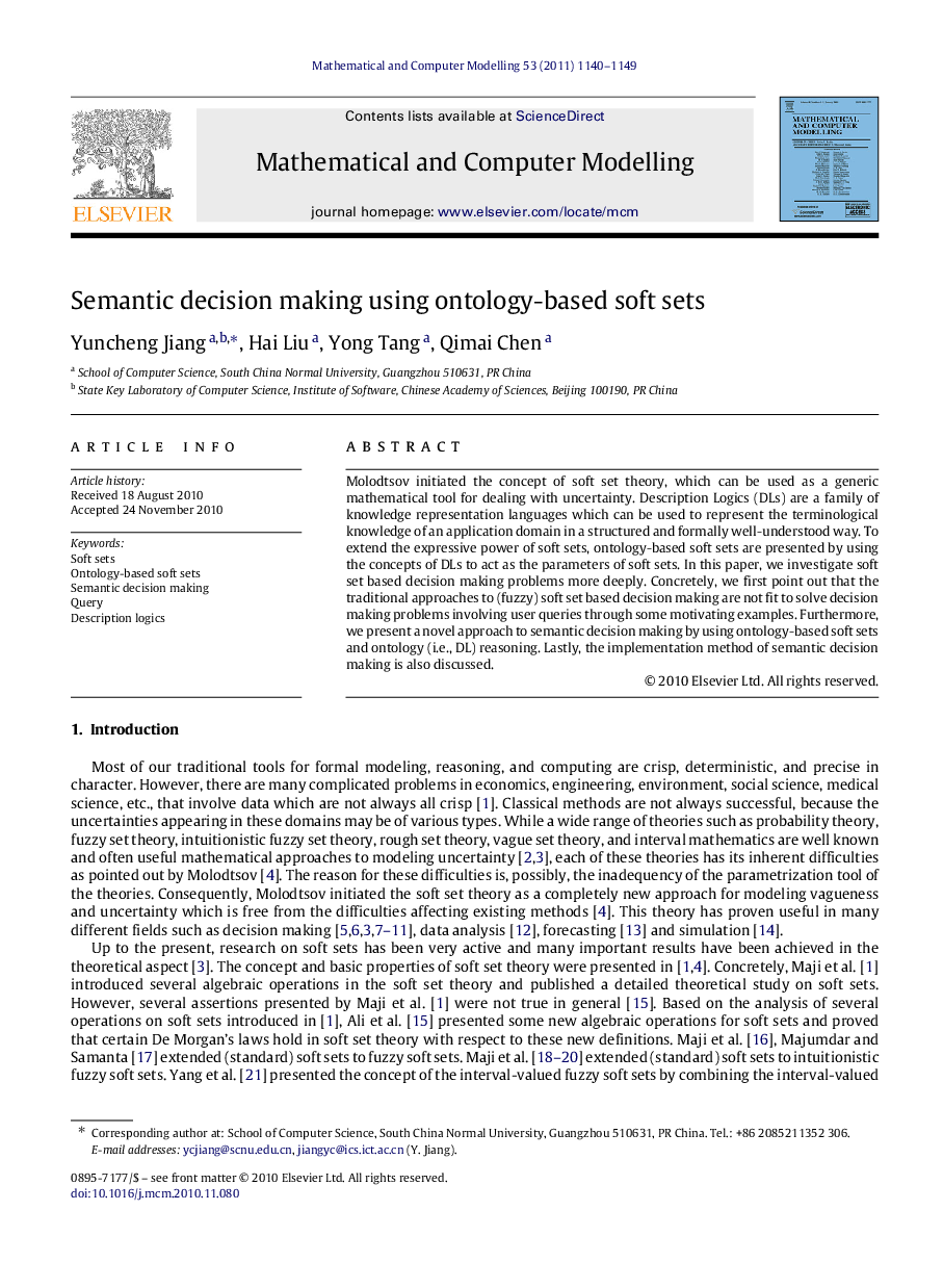 Semantic decision making using ontology-based soft sets