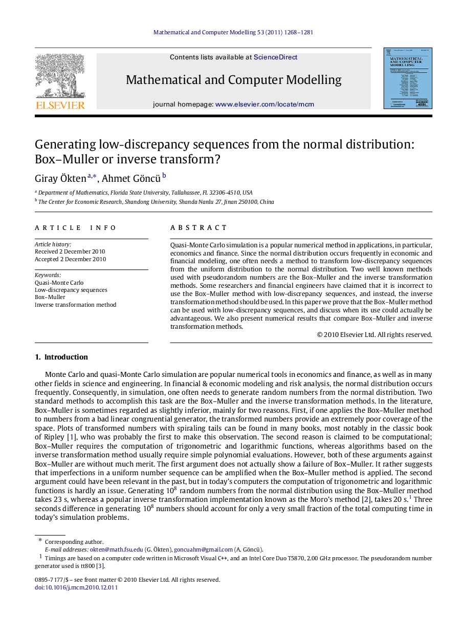 Generating low-discrepancy sequences from the normal distribution: Box-Muller or inverse transform?