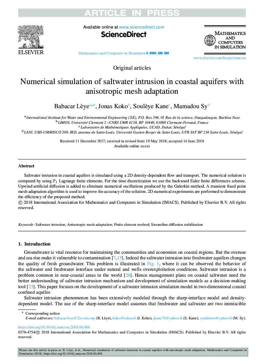 Numerical simulation of saltwater intrusion in coastal aquifers with anisotropic mesh adaptation