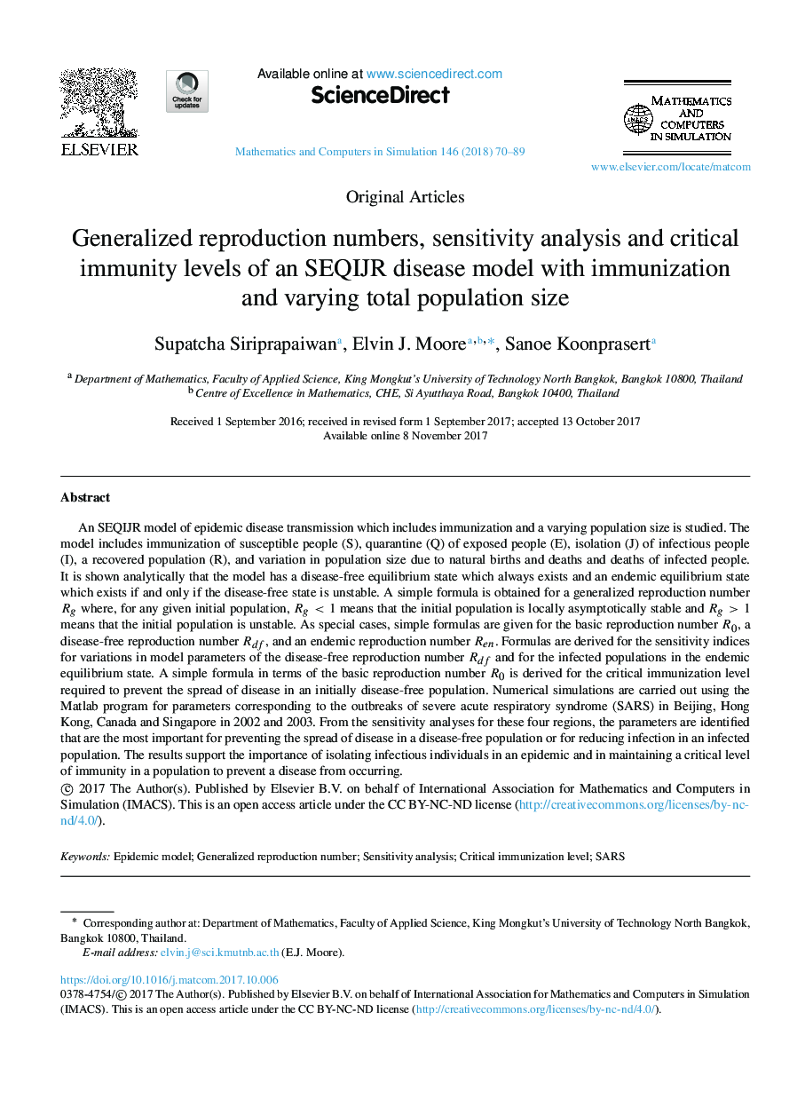 Generalized reproduction numbers, sensitivity analysis and critical immunity levels of an SEQIJR disease model with immunization and varying total population size