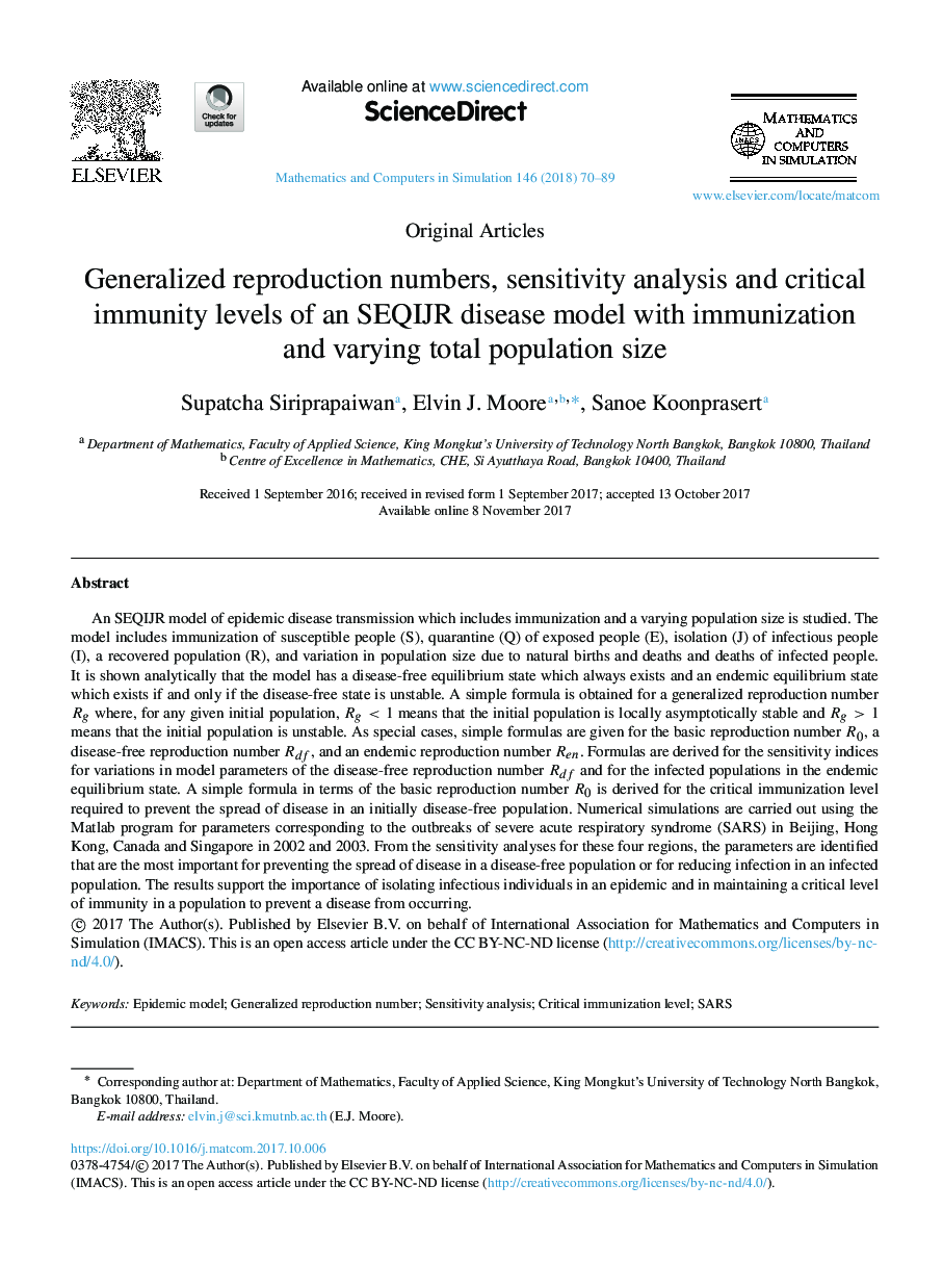 عکس صفحه اول مقاله: Generalized reproduction numbers, sensitivity analysis and critical immunity levels of an SEQIJR disease model with immunization and varying total population size Generalized reproduction numbers, sensitivity analysis and critical immunity levels of an SEQIJR disease model with immunization and varying total population size
