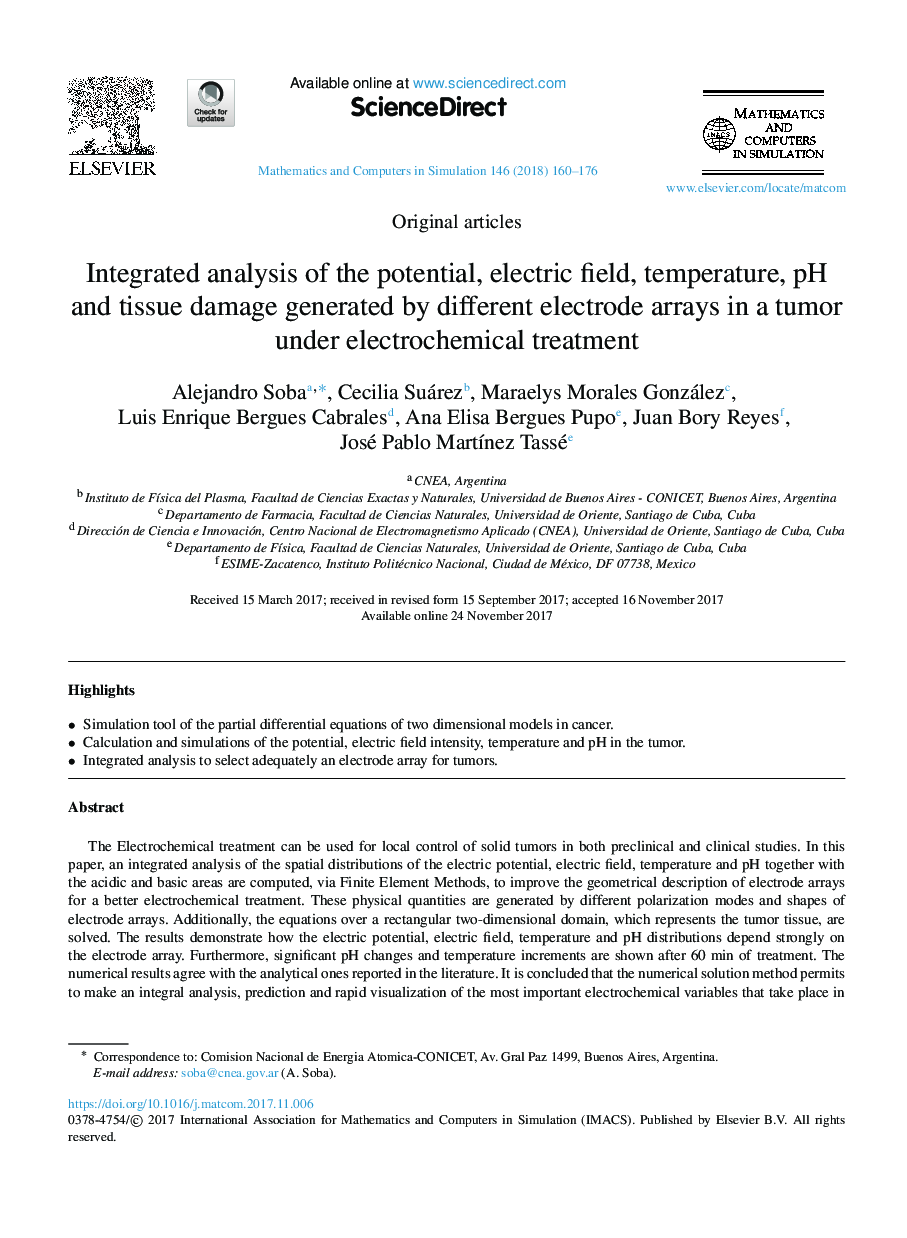 Integrated analysis of the potential, electric field, temperature, pH and tissue damage generated by different electrode arrays in a tumor under electrochemical treatment