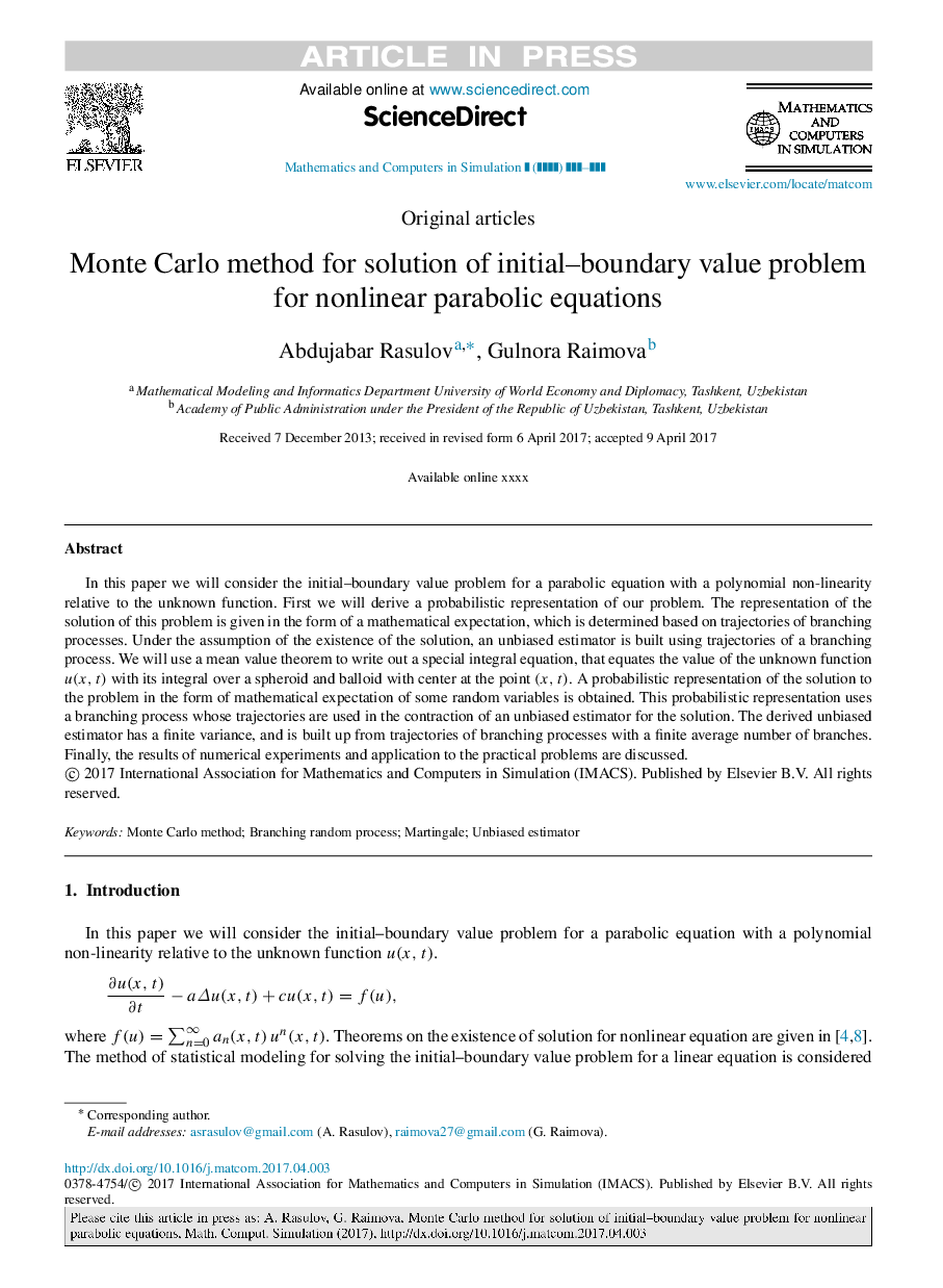 Monte Carlo method for solution of initial-boundary value problem for nonlinear parabolic equations