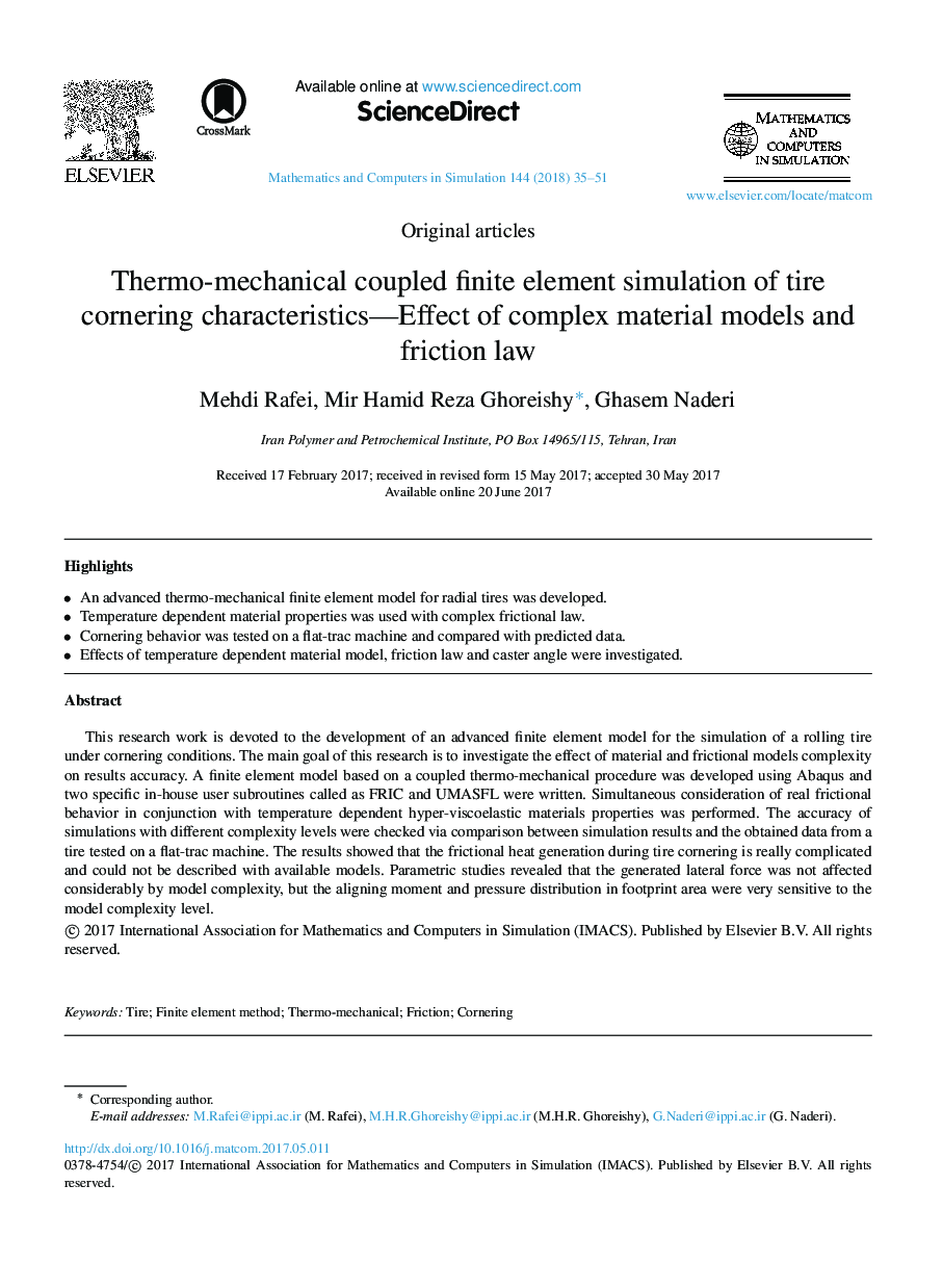 Thermo-mechanical coupled finite element simulation of tire cornering characteristics-Effect of complex material models and friction law