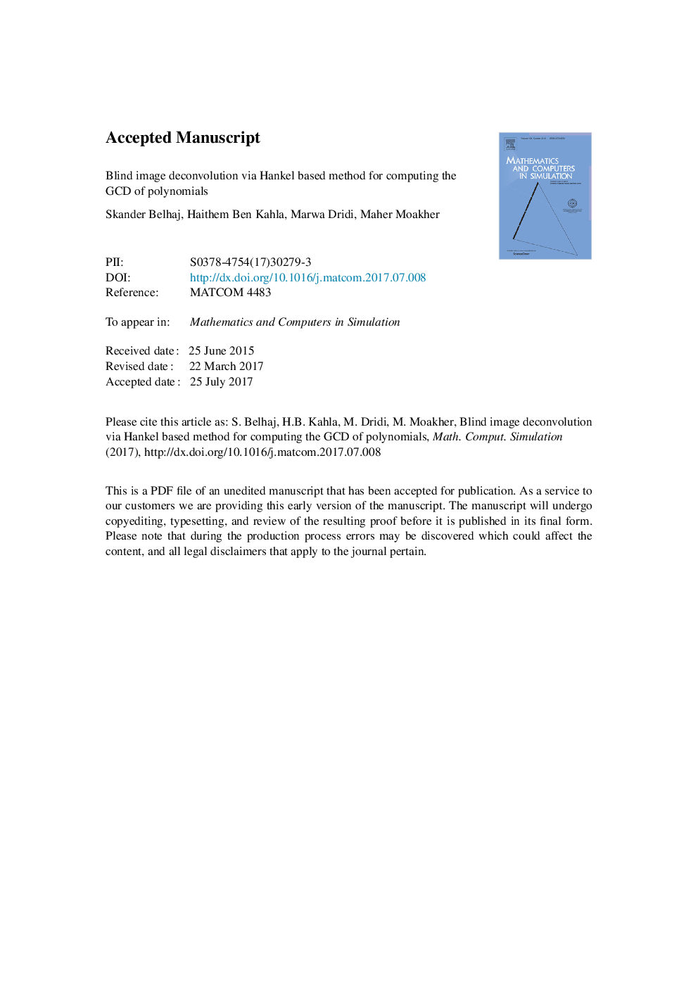 Blind image deconvolution via Hankel based method for computing the GCD of polynomials