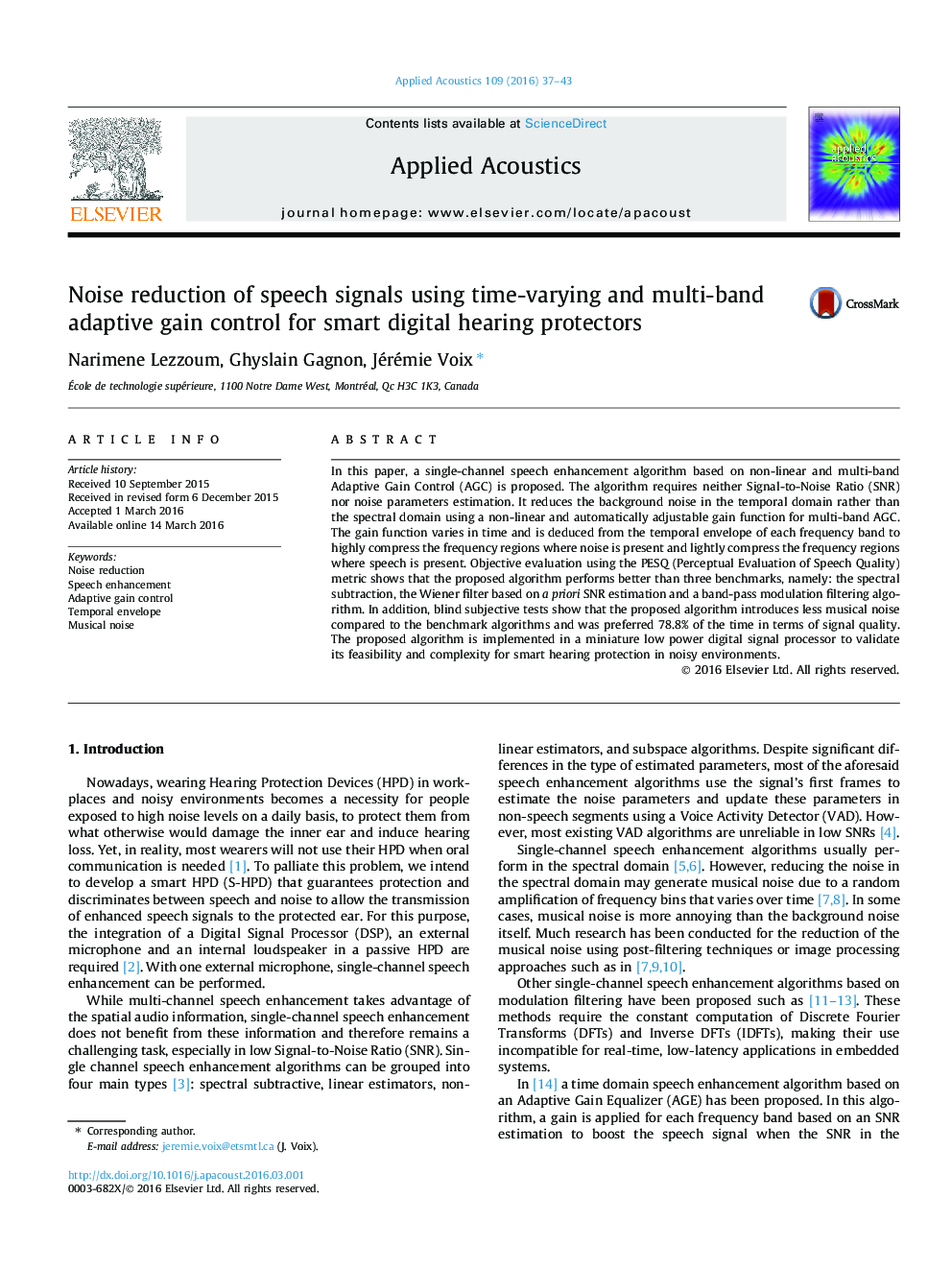 Noise reduction of speech signals using time-varying and multi-band adaptive gain control for smart digital hearing protectors