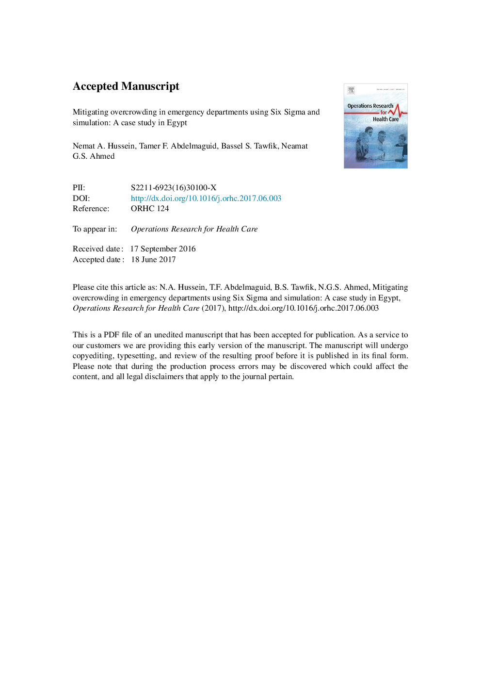 Mitigating overcrowding in emergency departments using Six Sigma and simulation: A case study in Egypt