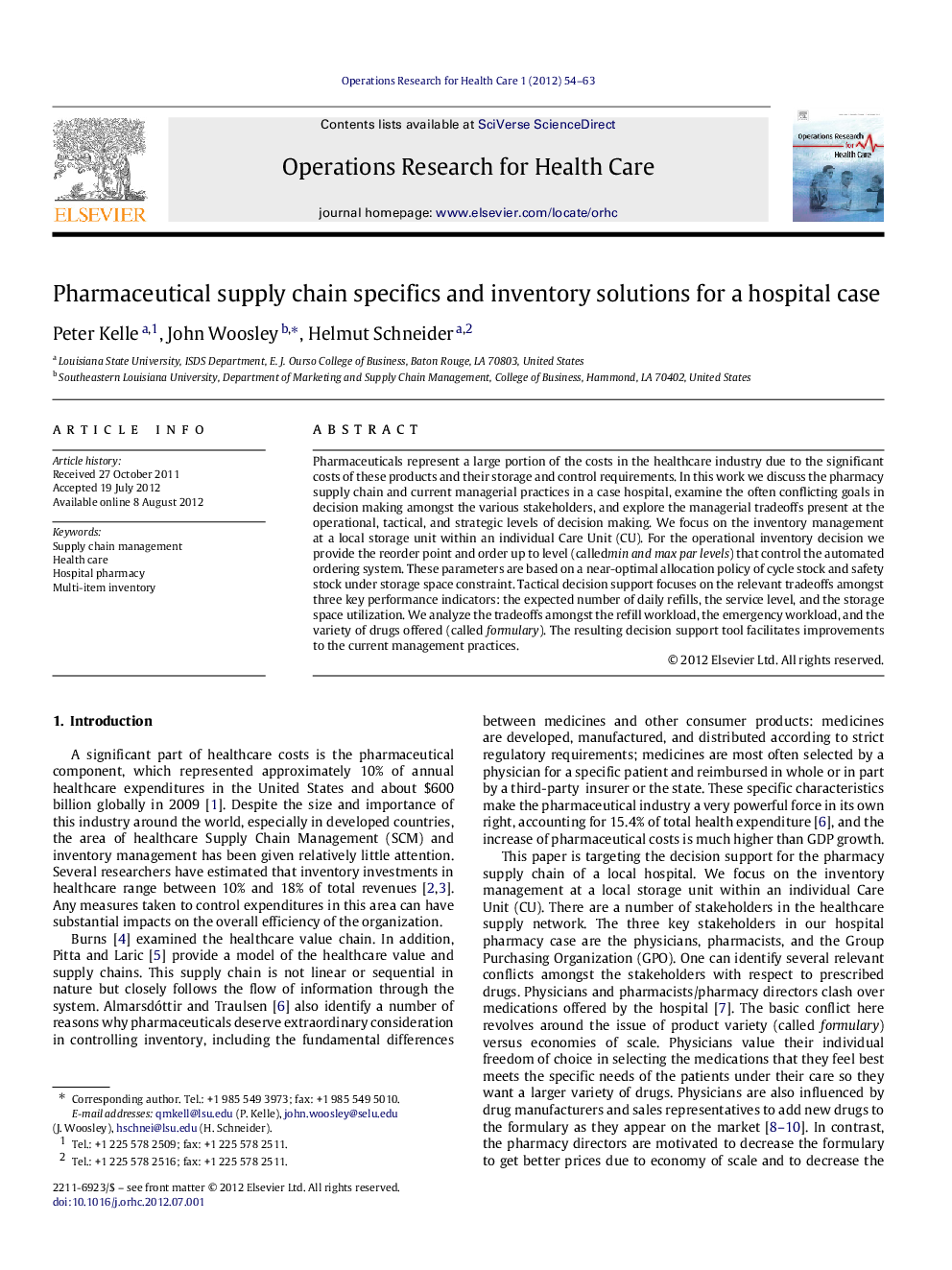 Pharmaceutical supply chain specifics and inventory solutions for a hospital case