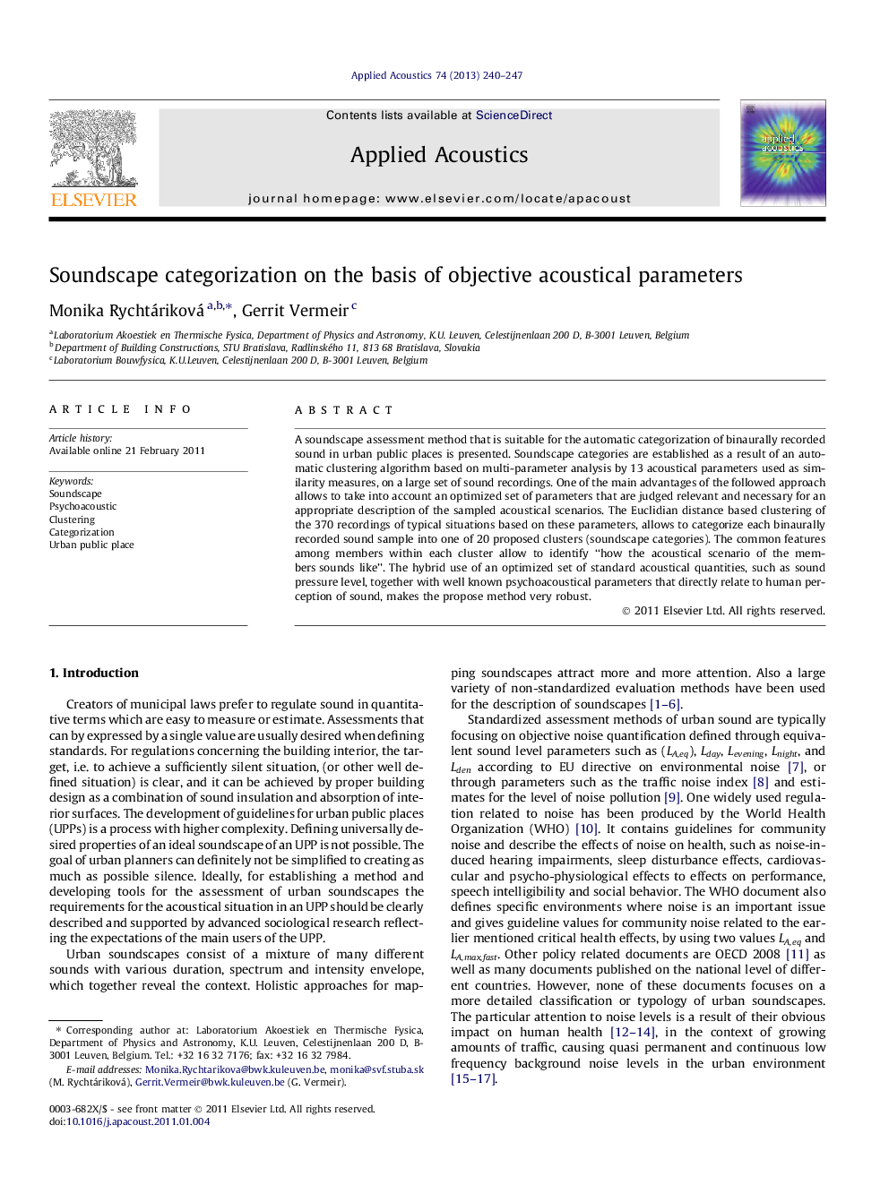 Soundscape categorization on the basis of objective acoustical parameters