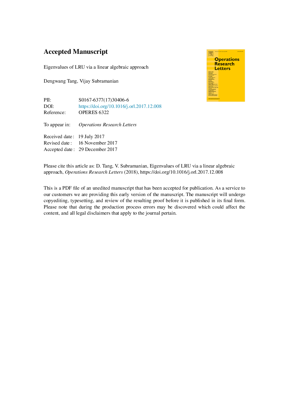 Eigenvalues of LRU via a linear algebraic approach