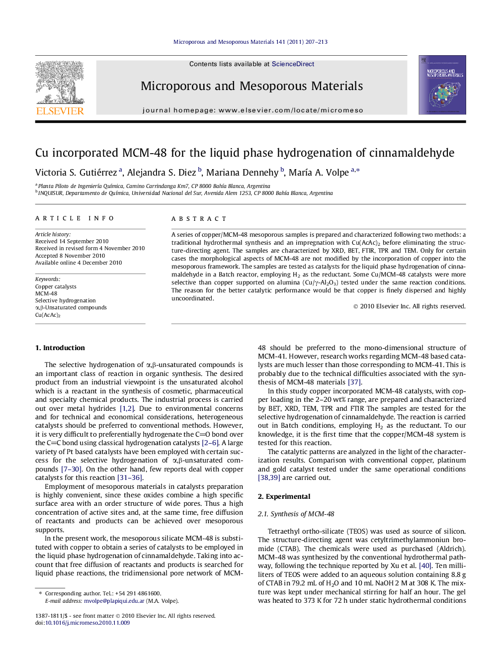 Cu incorporated MCM-48 for the liquid phase hydrogenation of cinnamaldehyde