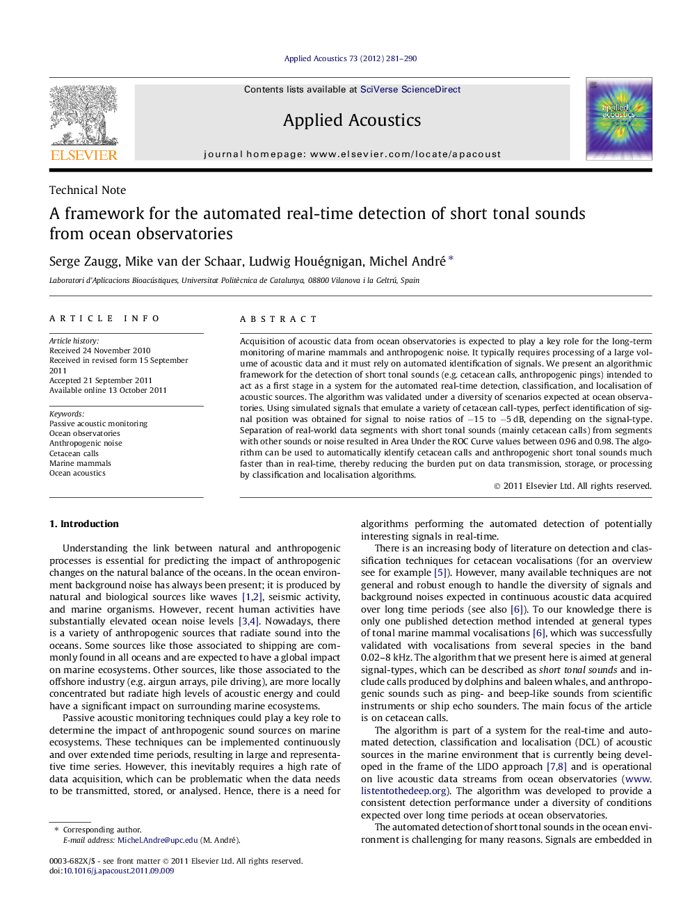 A framework for the automated real-time detection of short tonal sounds from ocean observatories