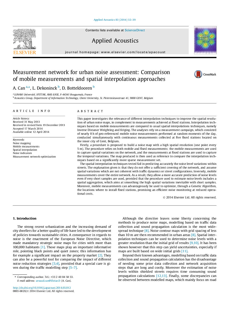 Measurement network for urban noise assessment: Comparison of mobile measurements and spatial interpolation approaches