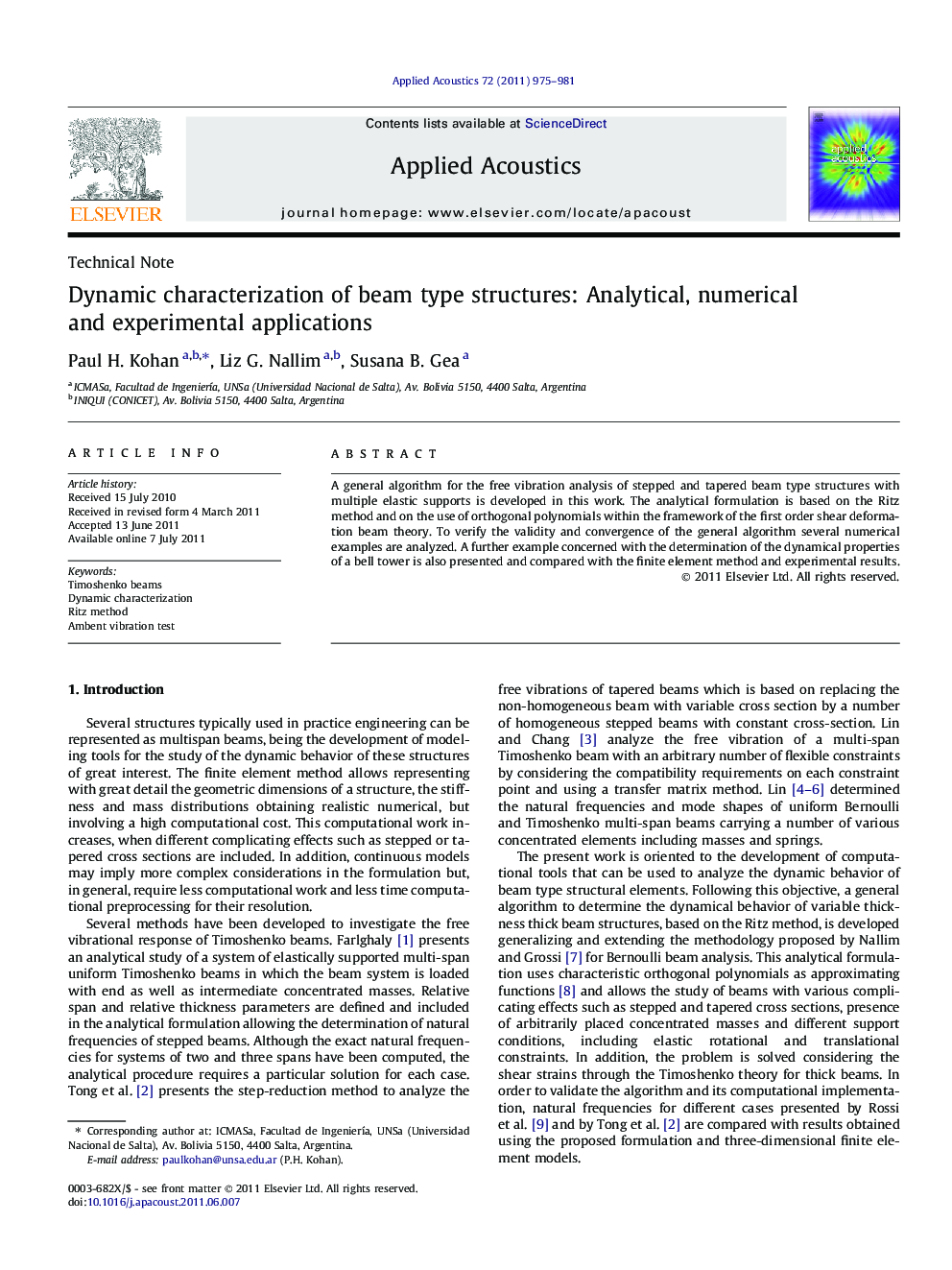 Dynamic characterization of beam type structures: Analytical, numerical and experimental applications