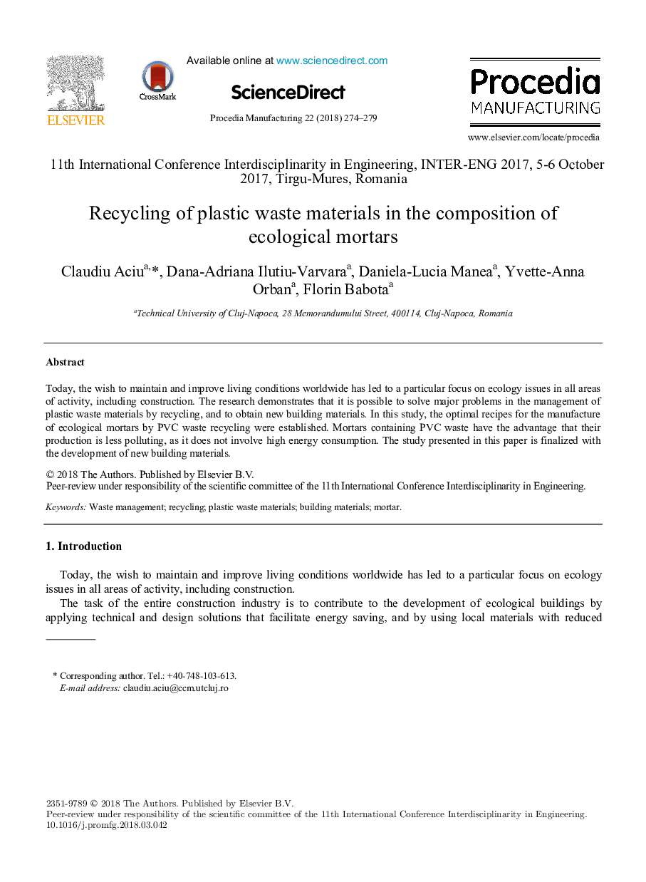 Recycling of plastic waste materials in the composition of ecological mortars