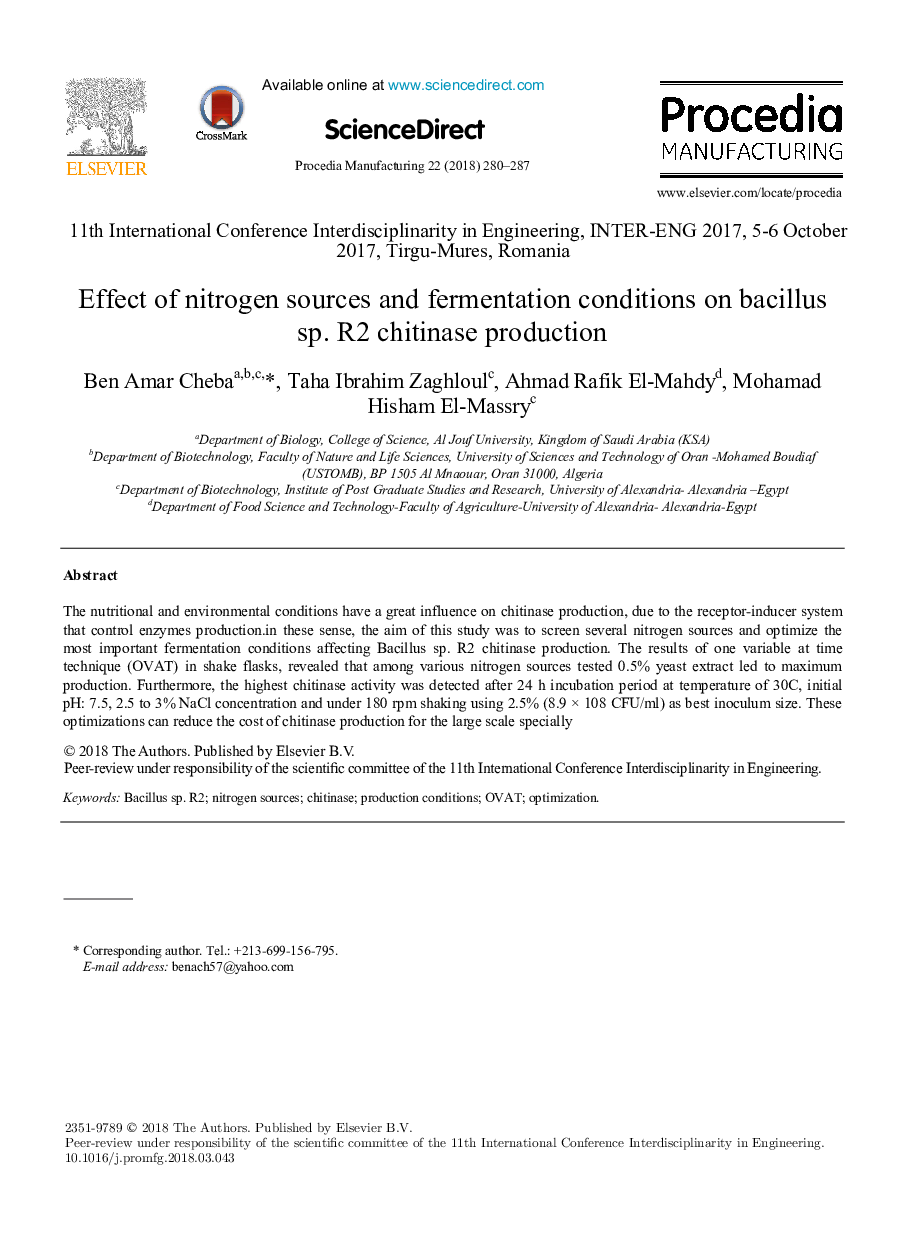 Effect of nitrogen sources and fermentation conditions on bacillus sp. R2 chitinase production