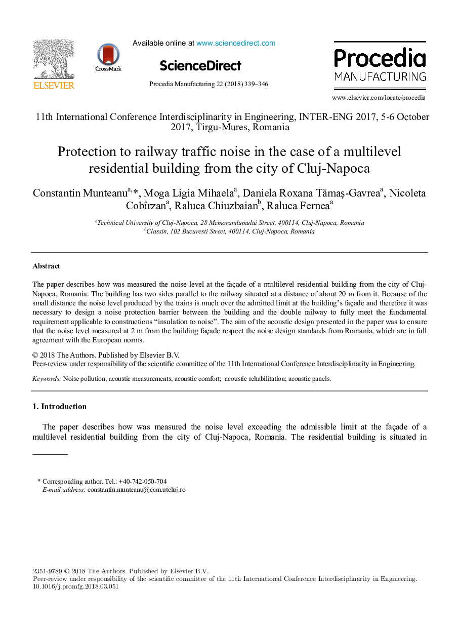 Protection to railway traffic noise in the case of a multilevel residential building from the city of Cluj-Napoca