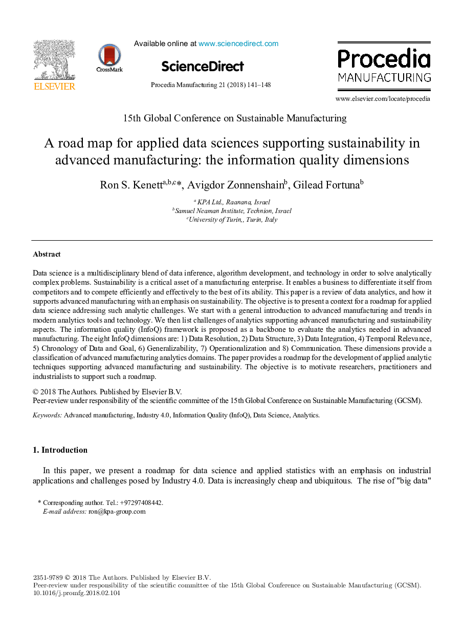 A road map for applied data sciences supporting sustainability in advanced manufacturing: the information quality dimensions